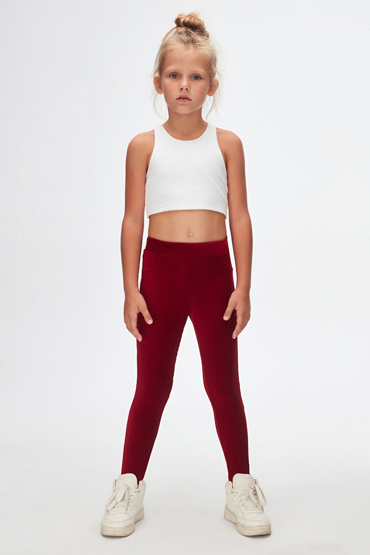 Bordo Kız Çocuk Cepli Fitilli Kadife Tayt