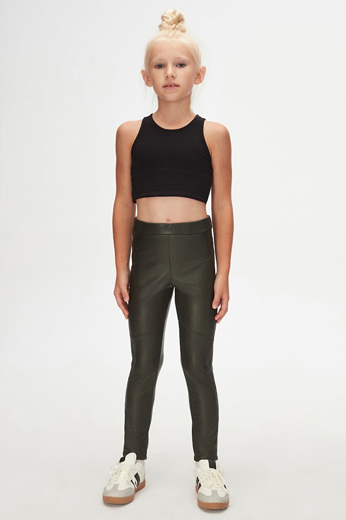 Deniz Yeşili Kız Çocuk Kışlık Deri Pantolon