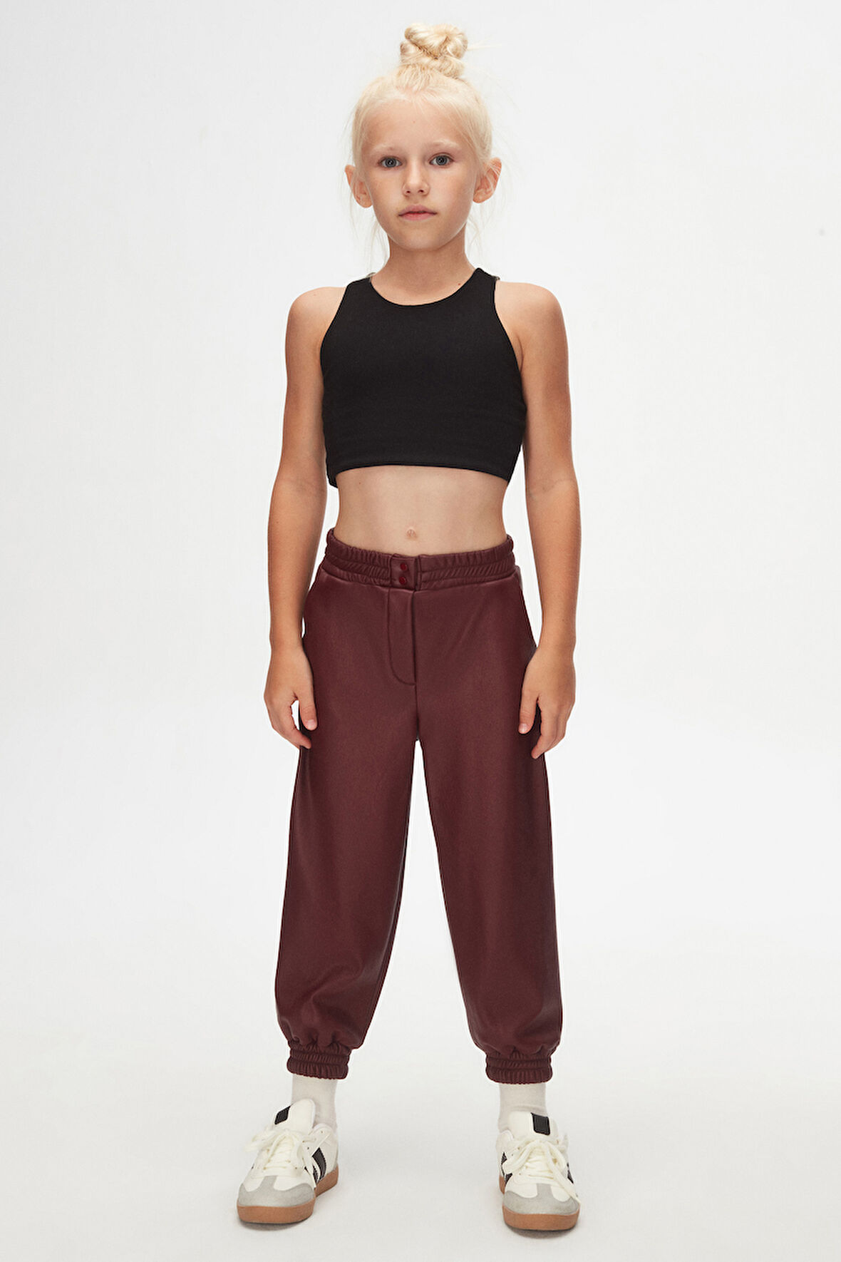 Bordo Kız Çocuk Çıtçıtlı Paça Büzgüllü Kışlık Deri Pantolon