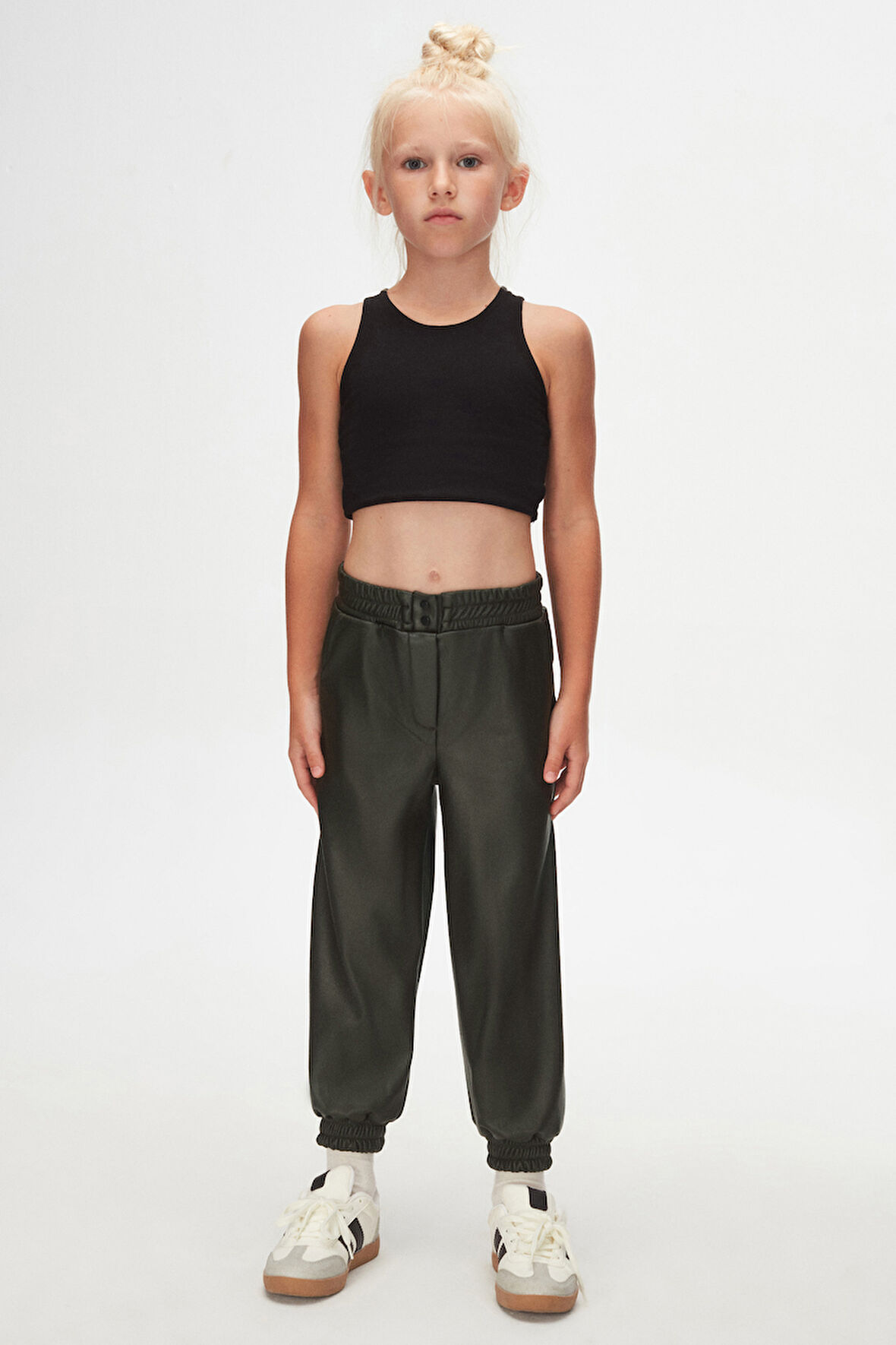 Deniz Yeşili Kız Çocuk Çıtçıtlı Paça Büzgüllü Kışlık Deri Pantolon