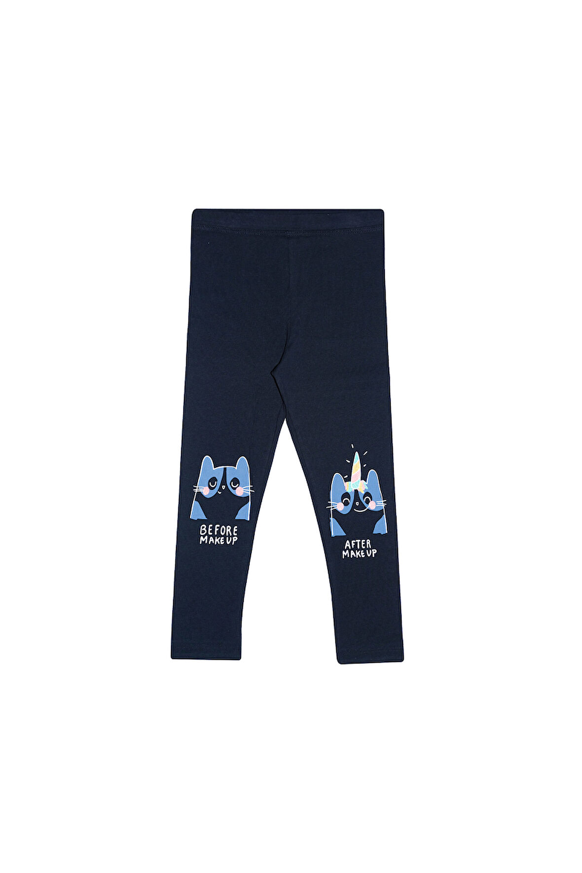 Koyu Lacivert Make UP Kedi Baskılı Kız Çocuk Mevsimlik Tayt