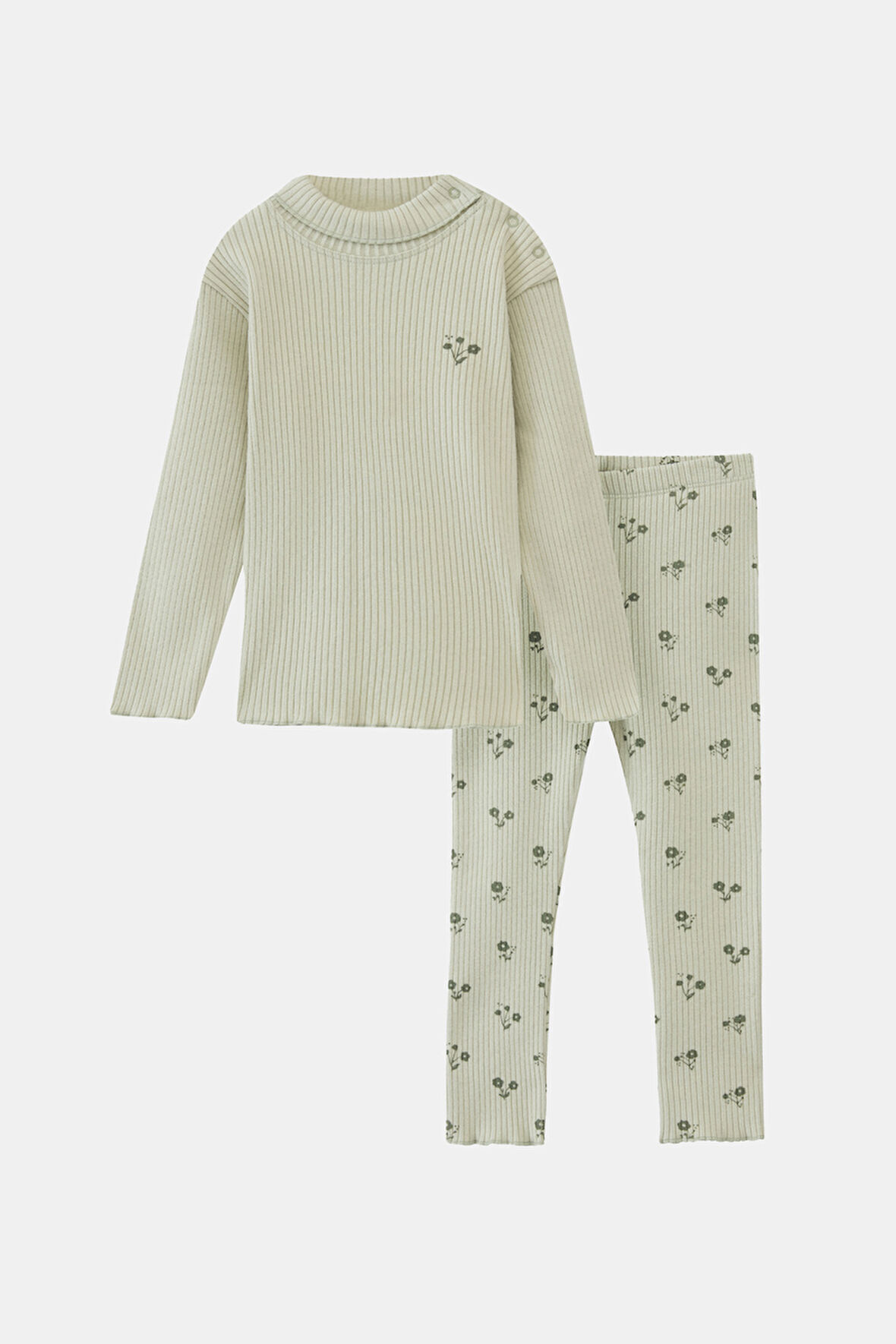 Açık Çağla Yeşil Çiçek Baskılı Kız Çocuk Kaşkorse Alt Üst Takım