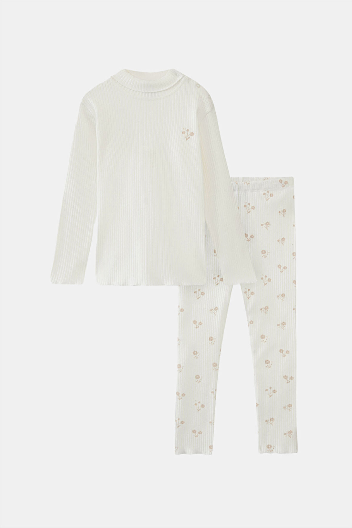 Ekru Kız Çiçek Baskılı Kız Çocuk Kaşkorse Alt Üst Takım