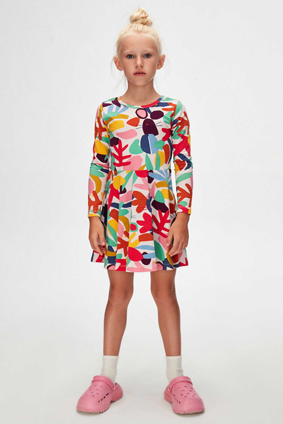 Kız Çocuk Cutouts Foliage Desen Uzun Kol Elbise