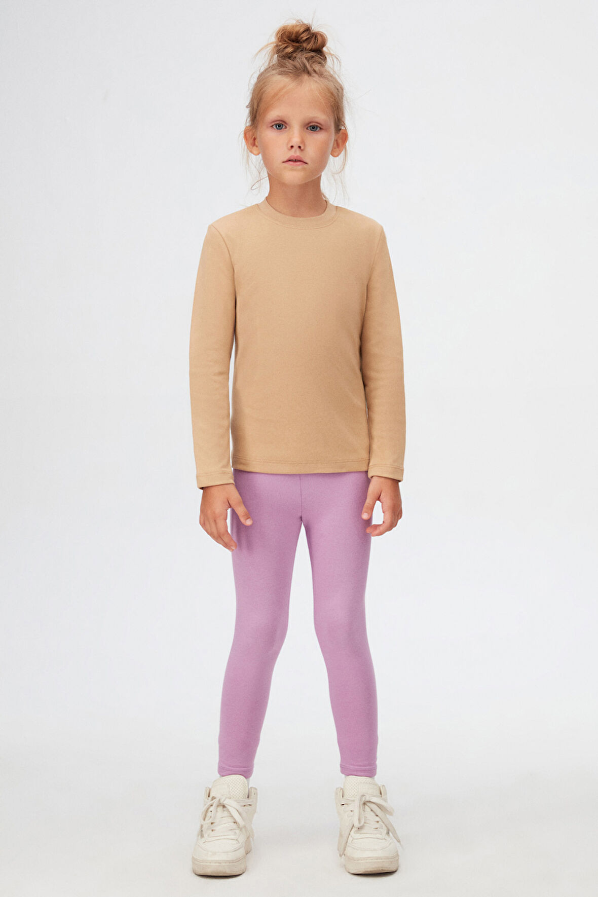 Sütlü Kahve Basic Kışlık Sıfır Yaka Uzun Kollu Kız Çocuk Tişört