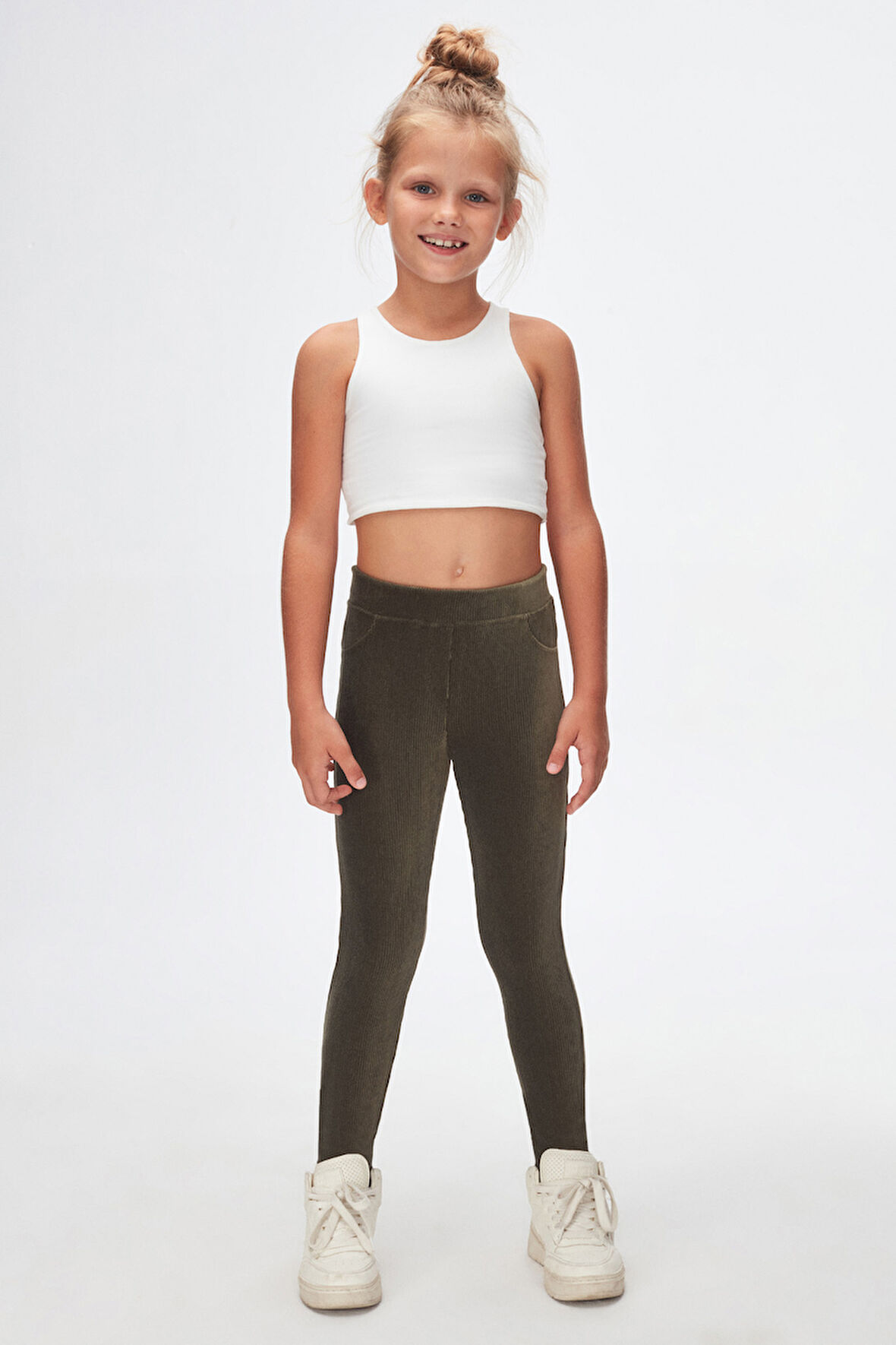 Deniz Yeşili Kız Çocuk Cepli Fitilli Kadife Tayt