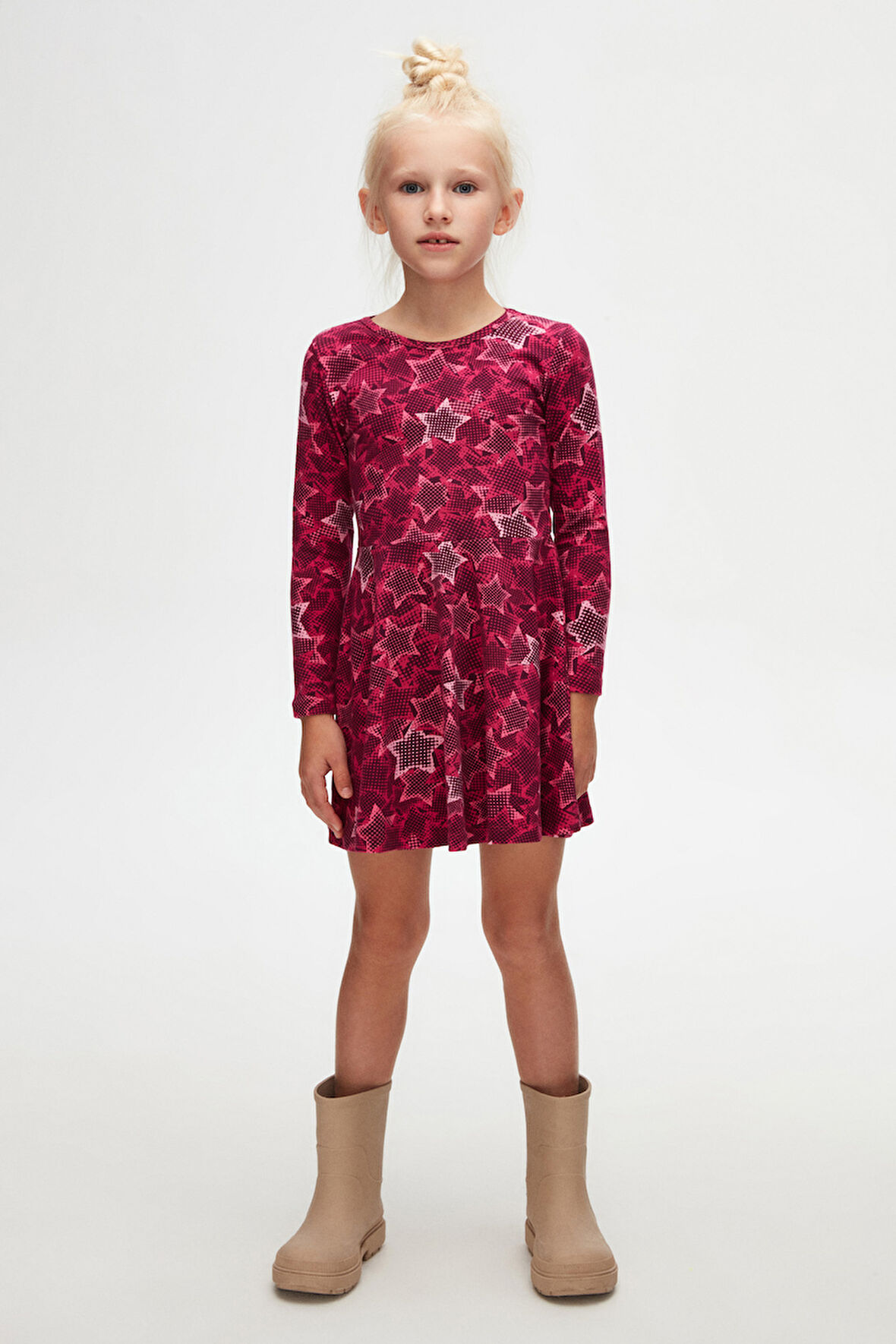 Kız Çocuk Pointing Stars Desen Uzun Kol Elbise