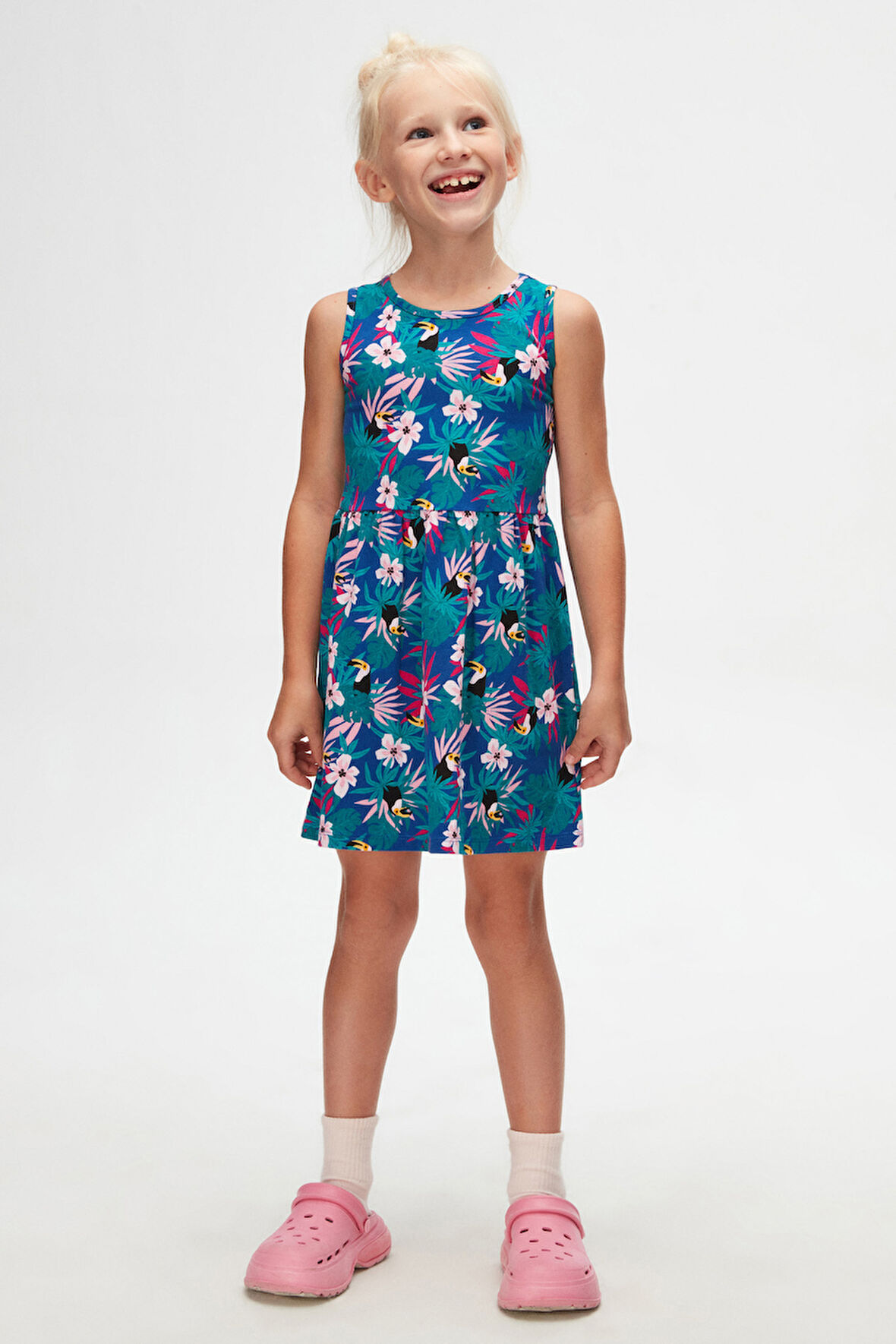 Tropical Parrot Kız Çocuk Desenli Kolsuz Elbise