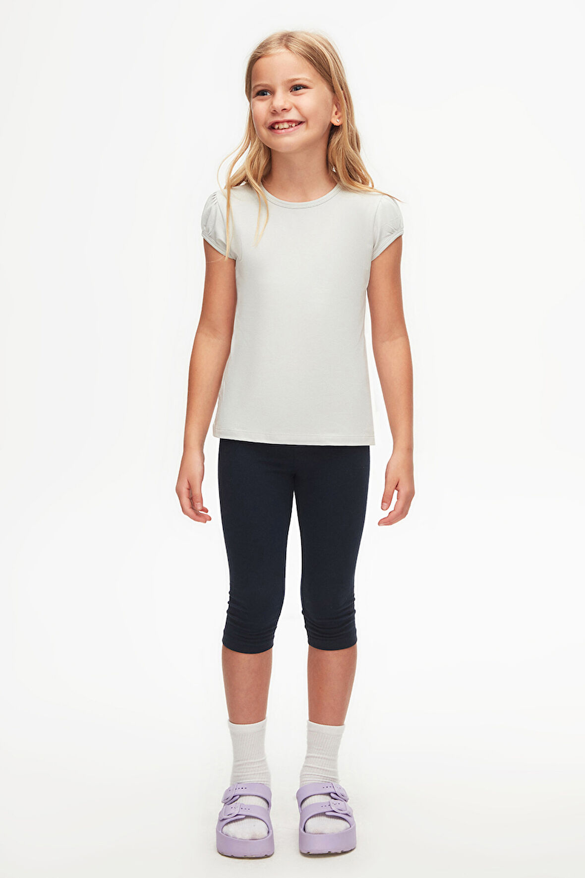 Duman Gri Basic Kız Çocuk Sıfır Yaka Karpuz Kol Tişört