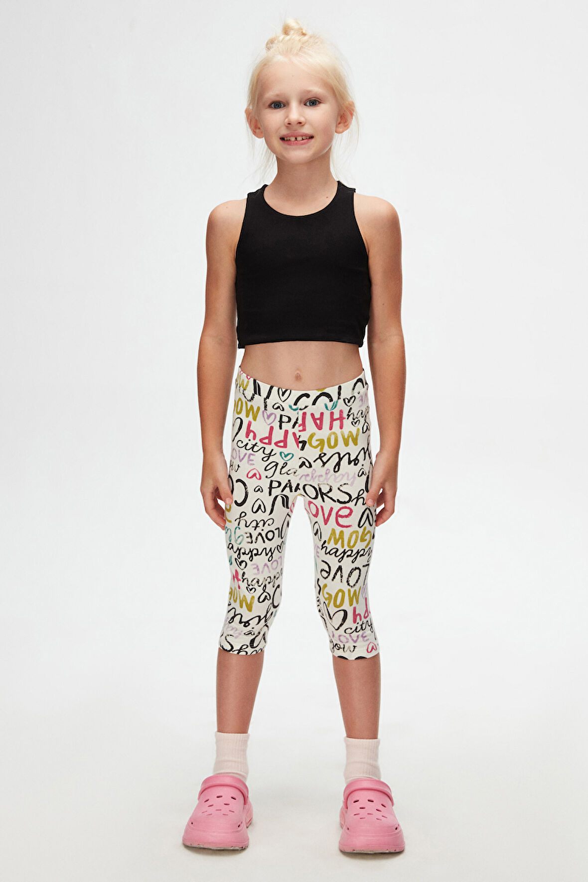 Ekru Glasgow Kız Çocuk Desenli Diz Altı Tayt Kapri