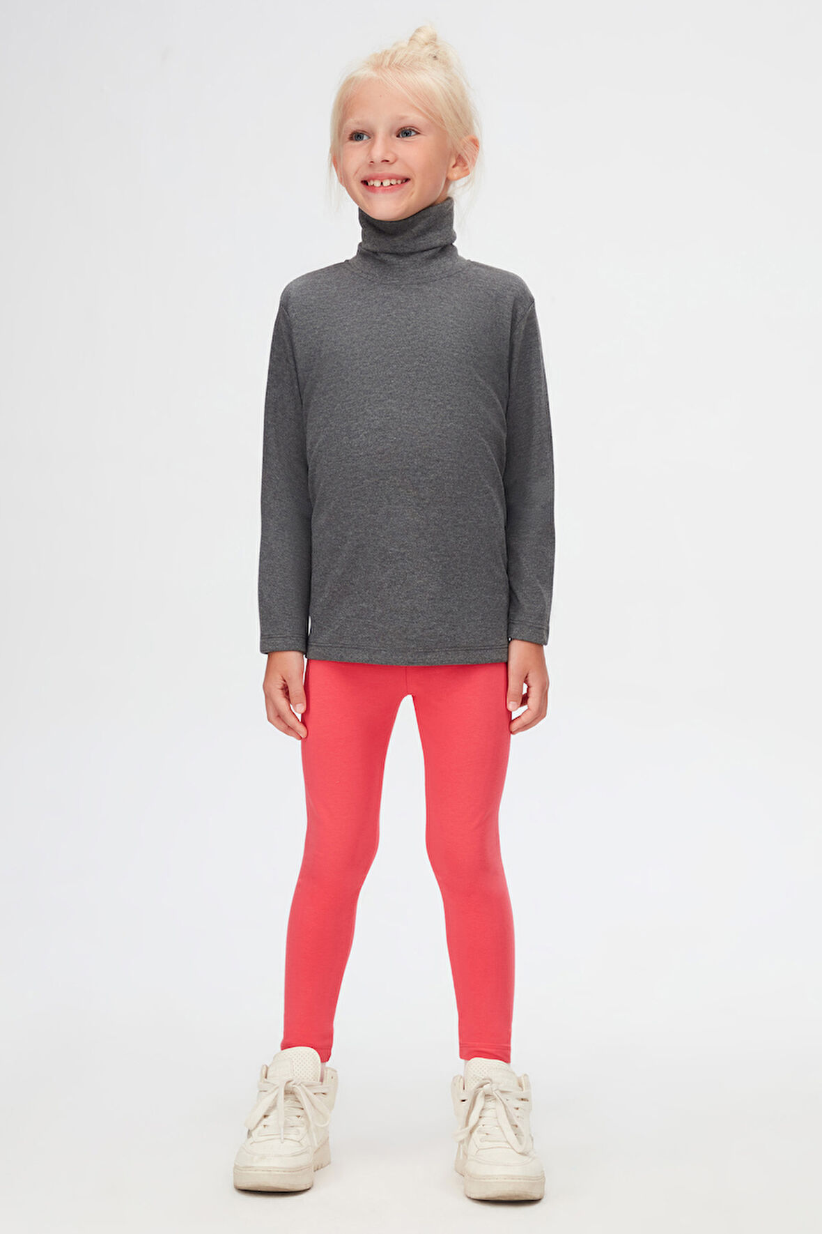 Koyu Gri Basic Kışlık Tam Balıkçı Yaka Uzun Kollu Kız Çocuk Tişört