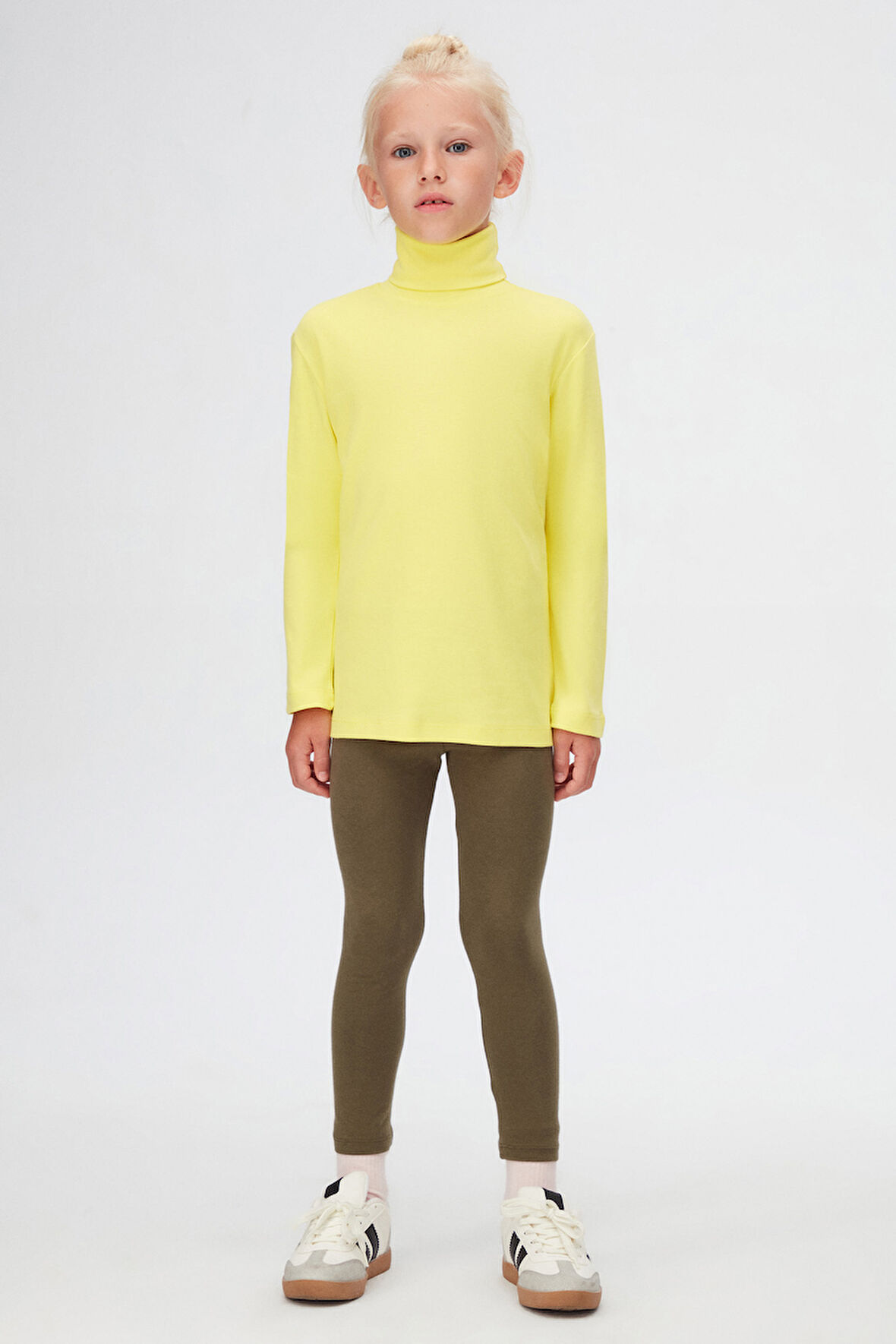 Fosforlu Sarı Basic Kışlık Tam Balıkçı Yaka Uzun Kollu Kız Çocuk Tişört