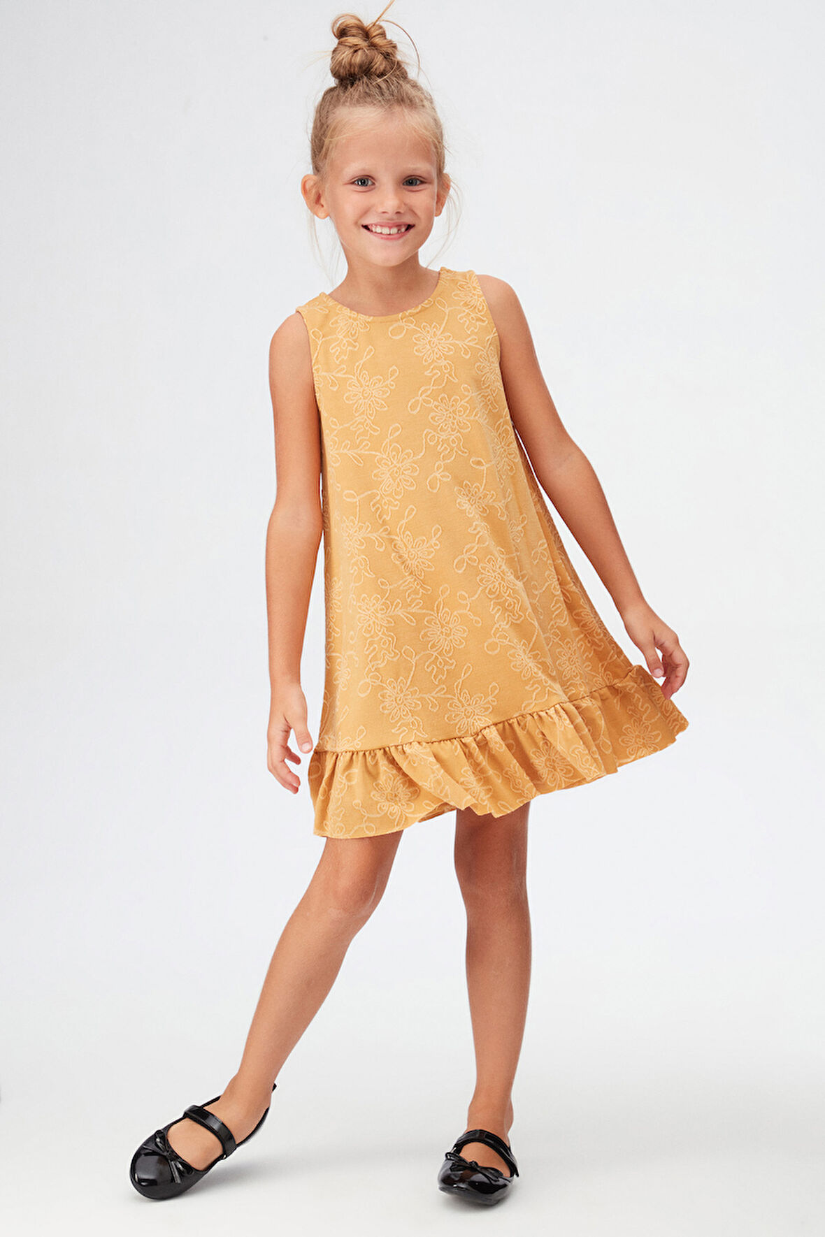 Hardal Çiçek Desen Kız Çocuk Fırfırlı Çan Etekli Elbise