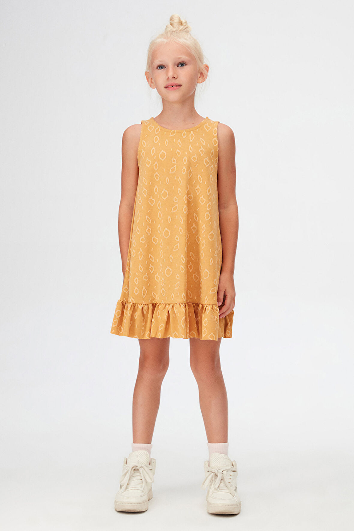 Hardal Damla Desen Kız Çocuk Fırfırlı Çan Etekli Elbise