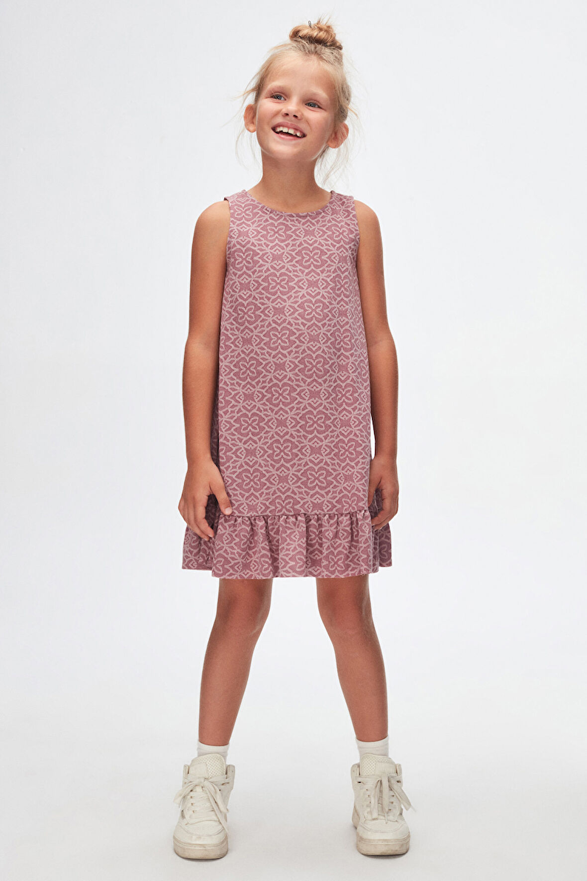 Mor Yonca Desen Kız Çocuk Fırfırlı Çan Etekli Elbise