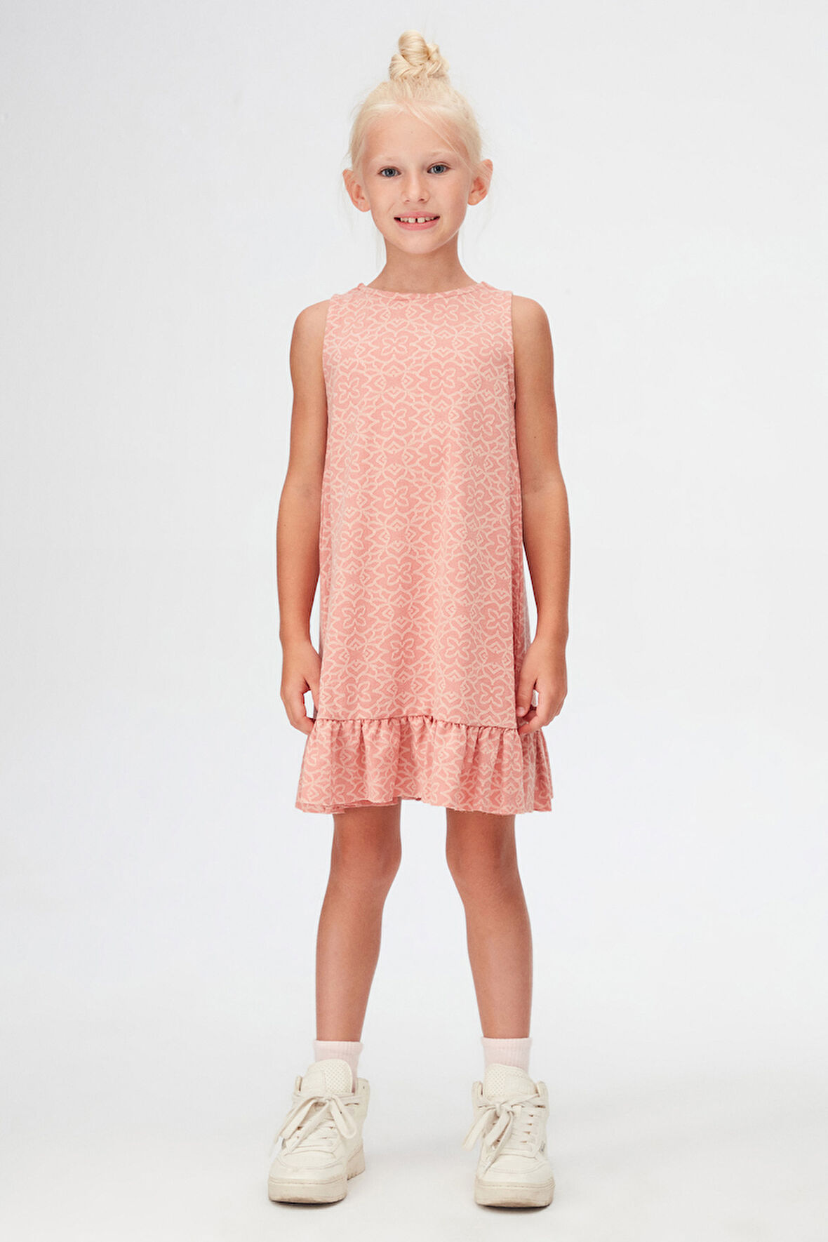 Somon Yonca Desen Kız Çocuk Fırfırlı Çan Etekli Elbise