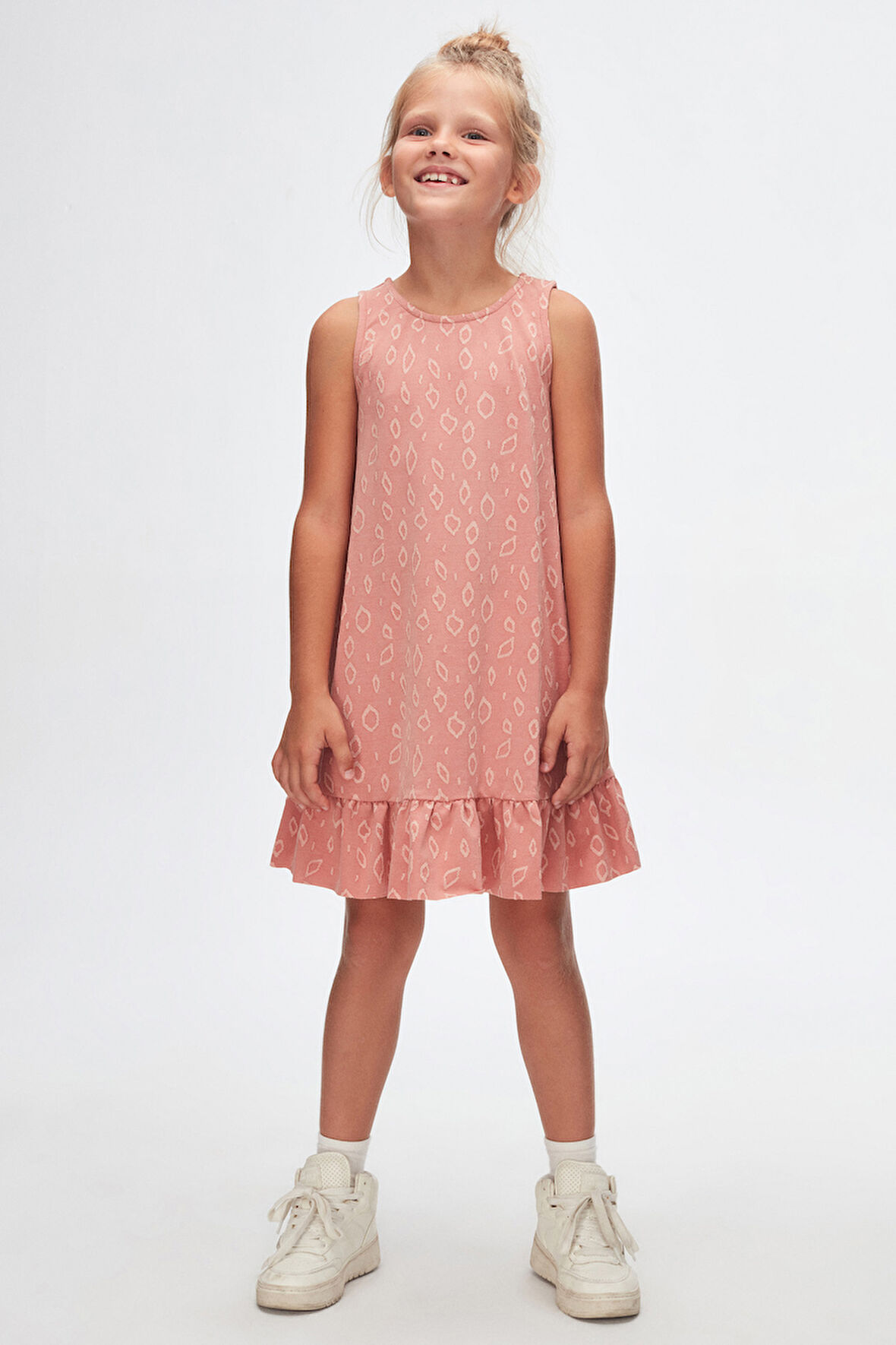 Somon Damla Desen Kız Çocuk Fırfırlı Çan Etekli Elbise