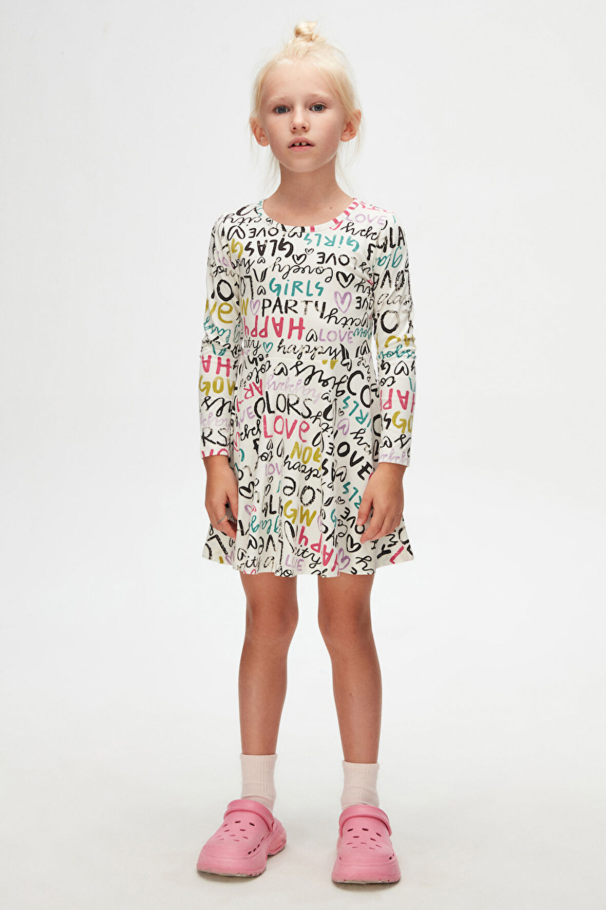 Ekru Kız Çocuk Glasgow Desen Uzun Kol Elbise