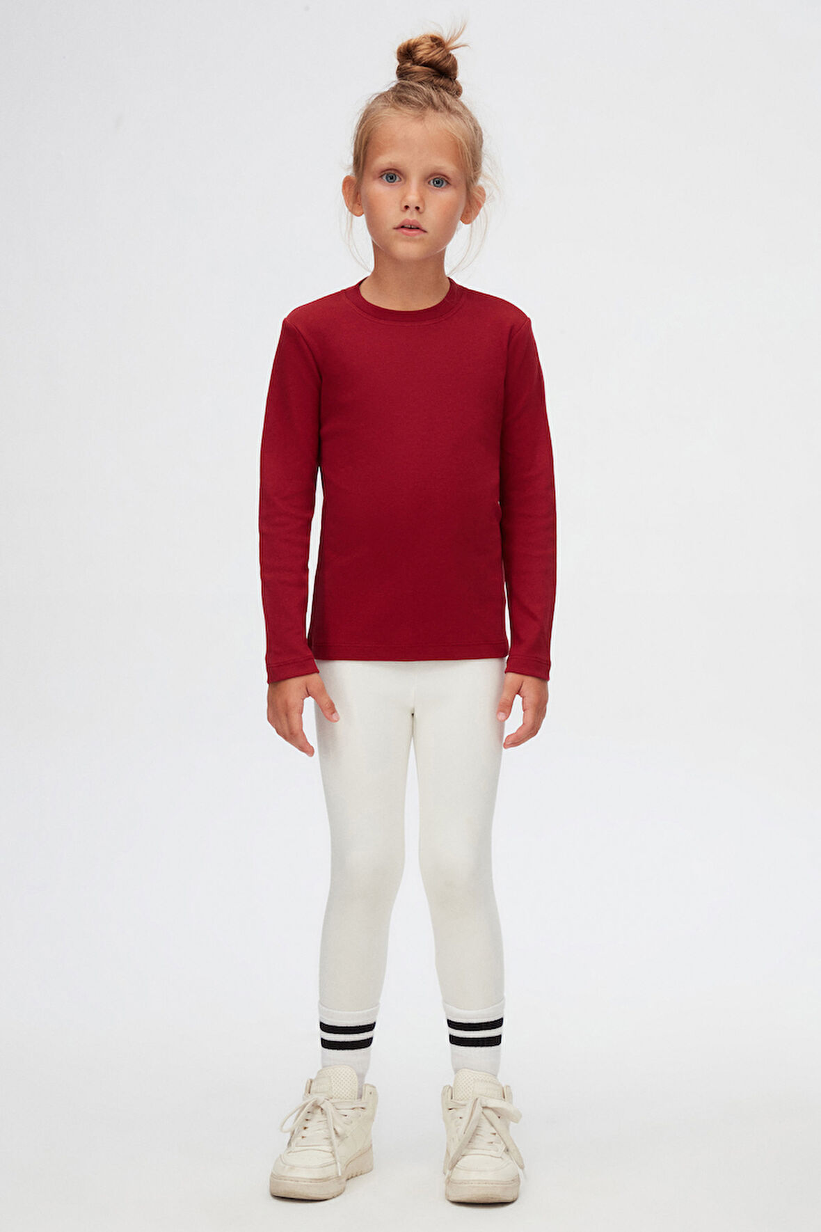 Bordo Basic Unisex Çocuk Kışlık Sıfır Yaka Uzun Kollu Tişört