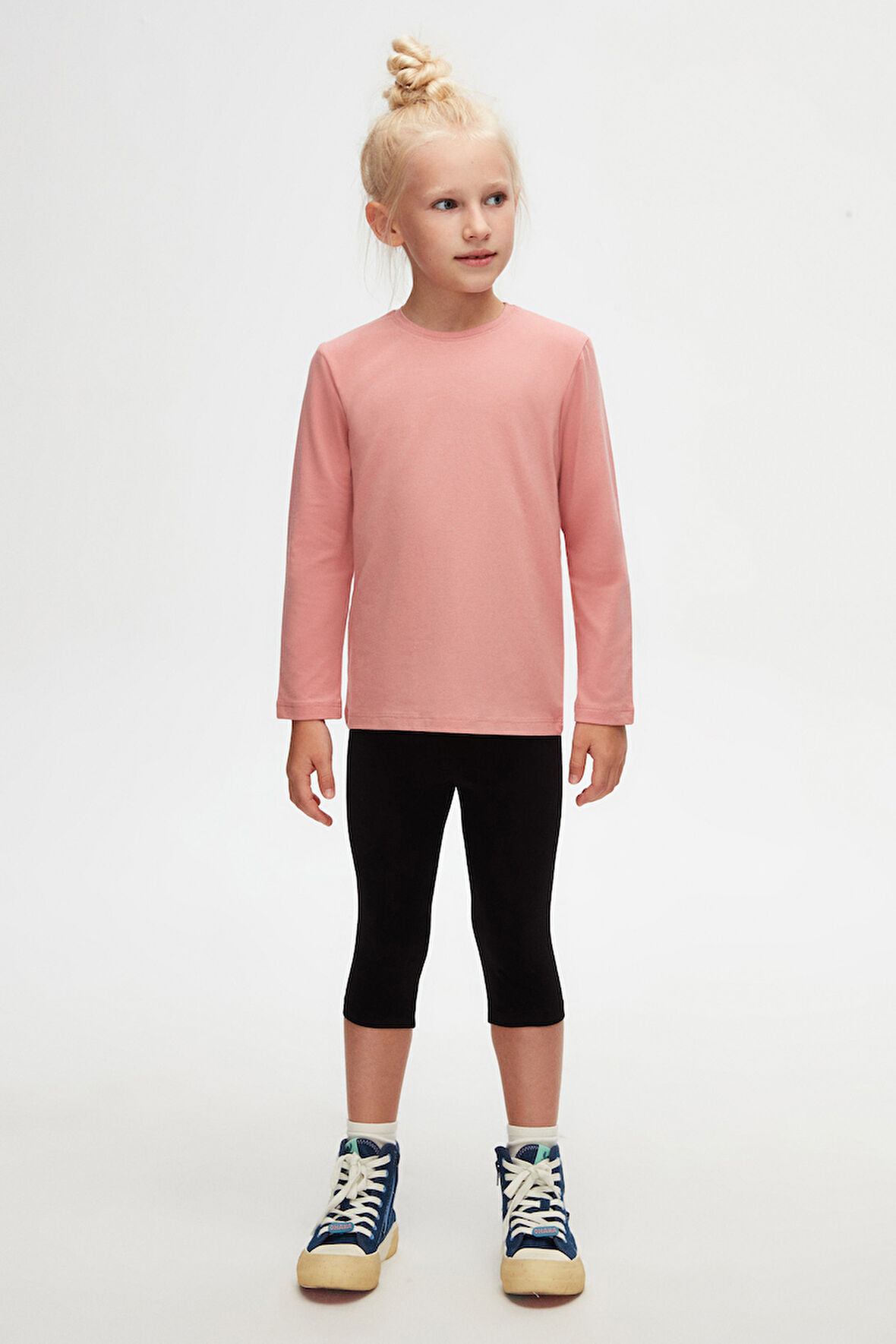 Koyu Pudra Basic Unisex Çocuk Mevsimlik Sıfır Yaka Uzun Kollu Tişört