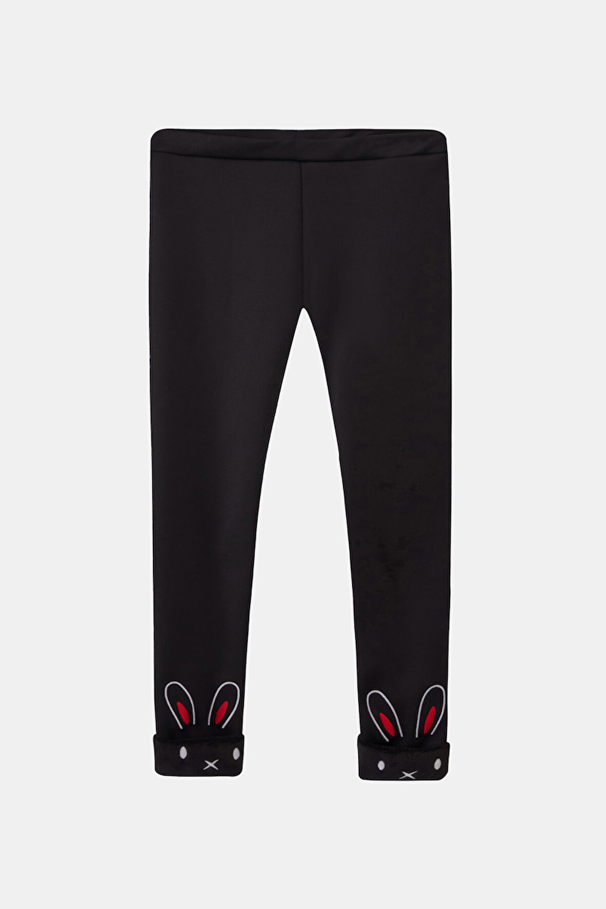 Siyah Kız Çocuk İçi Peluş Kulaklı Tavşan Nakışlı Extra Kalın Kışlık Tayt