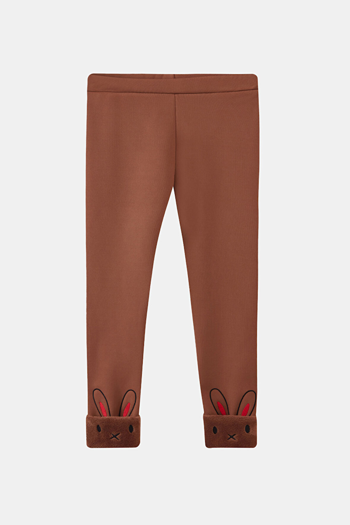 Kahverengi Kız Çocuk İçi Peluş Kulaklı Tavşan Nakışlı Extra Kalın Kışlık Tayt