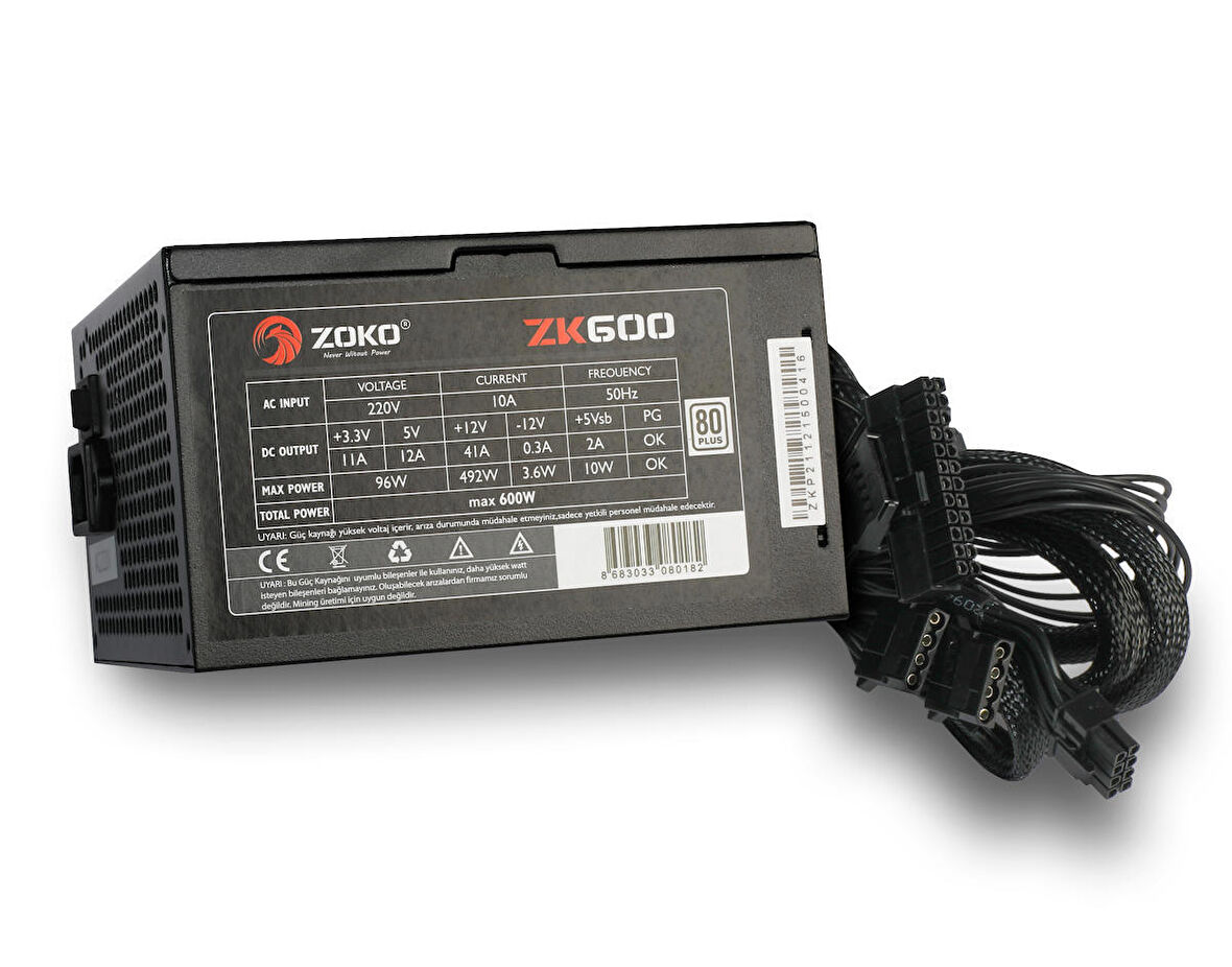 Zoko ZK600 600W 80+ 12cm Fanlı Güç Kaynağı