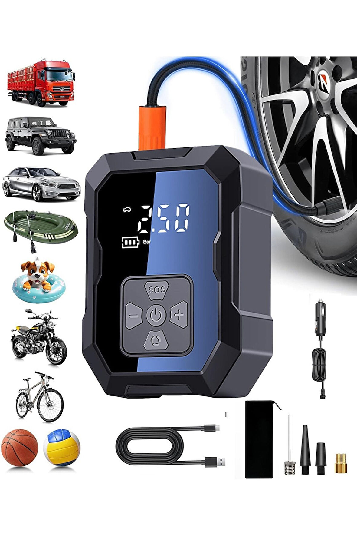 H-9293 Akıllı 4000mAh Şarjlı Hava Kompresörü Pompası 150psi Araç Lastik, Bisiklet, Top Şişirme Oto