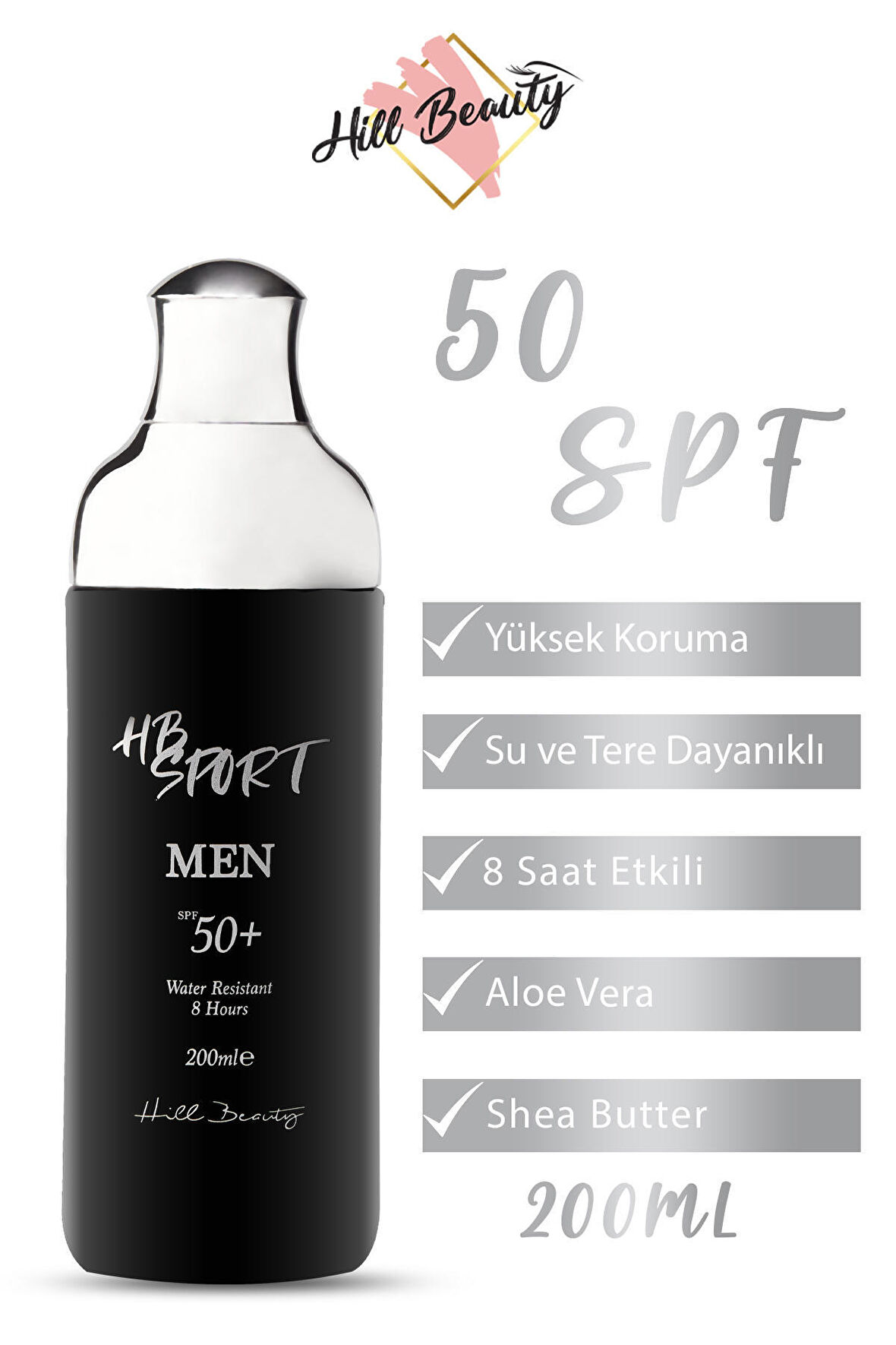 Men 200 ml SPF50+ Vücut Güneş Kremi Sekiz Saat Suya Dayanıklı Yüksek Koruma Aloe Vera Shea Butter