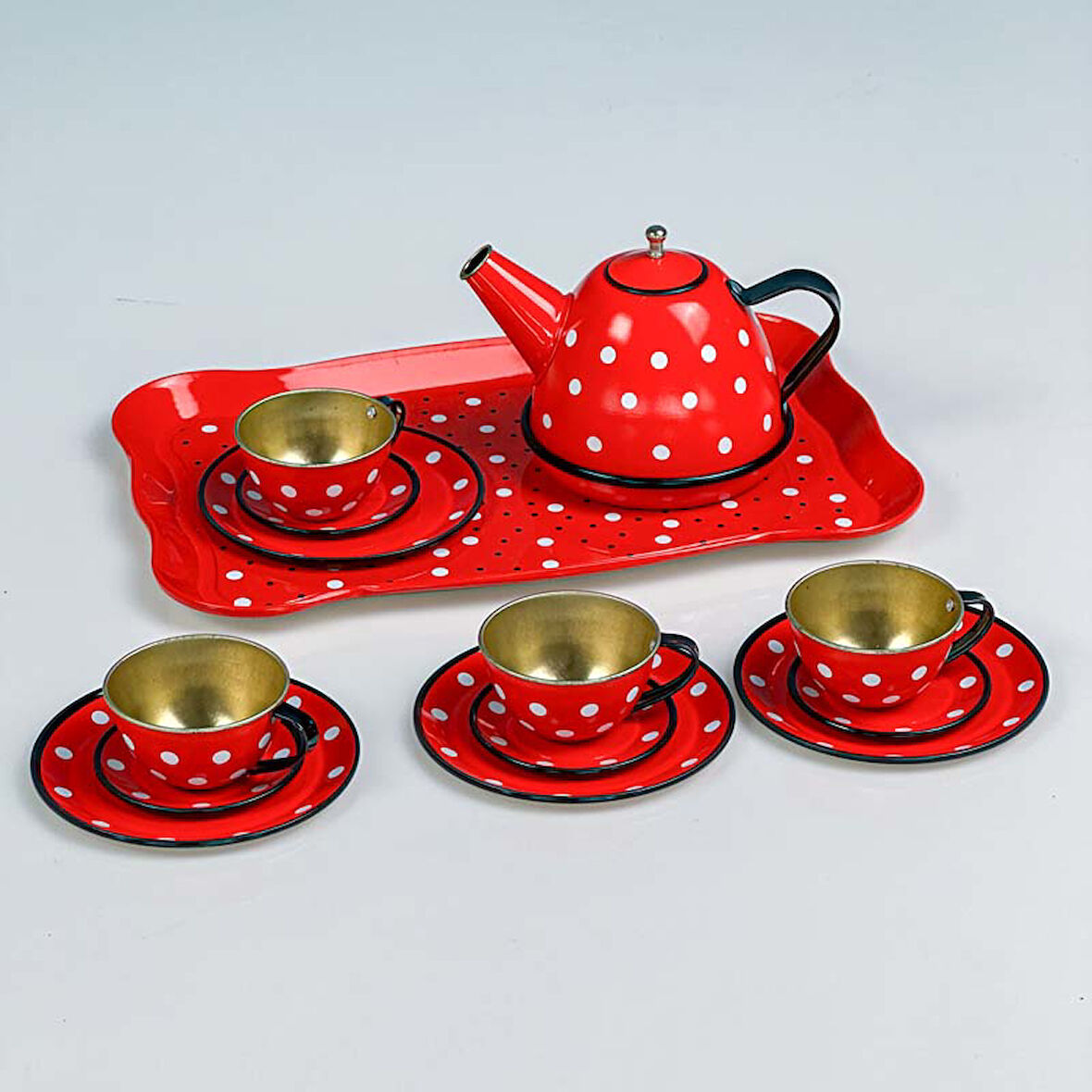 14 Parça Metal Kırmızı Beyaz Desenli Oyuncak Çay Seti