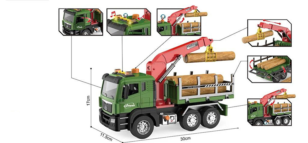 1:12 Sürtmeli Sesli Işıklı Fonksiyonel Oyuncak Kütük Taşıyıcı Kamyon 
