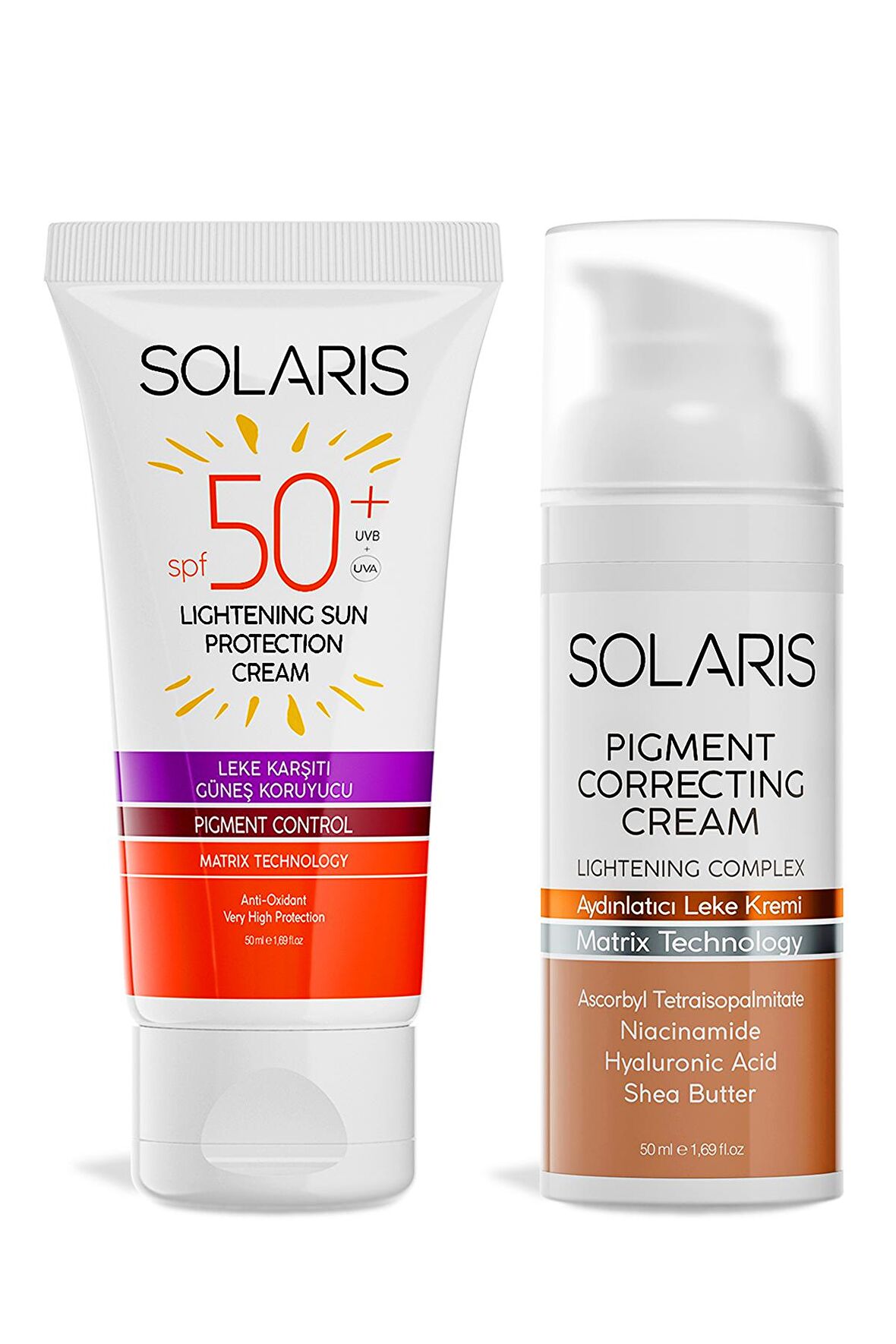 Solaris Leke Karşıtı SPF 50+ Güneş Koruyucu Krem 50 ml Ve Leke Karşıtı Aydınlatıcı Krem 50 ml