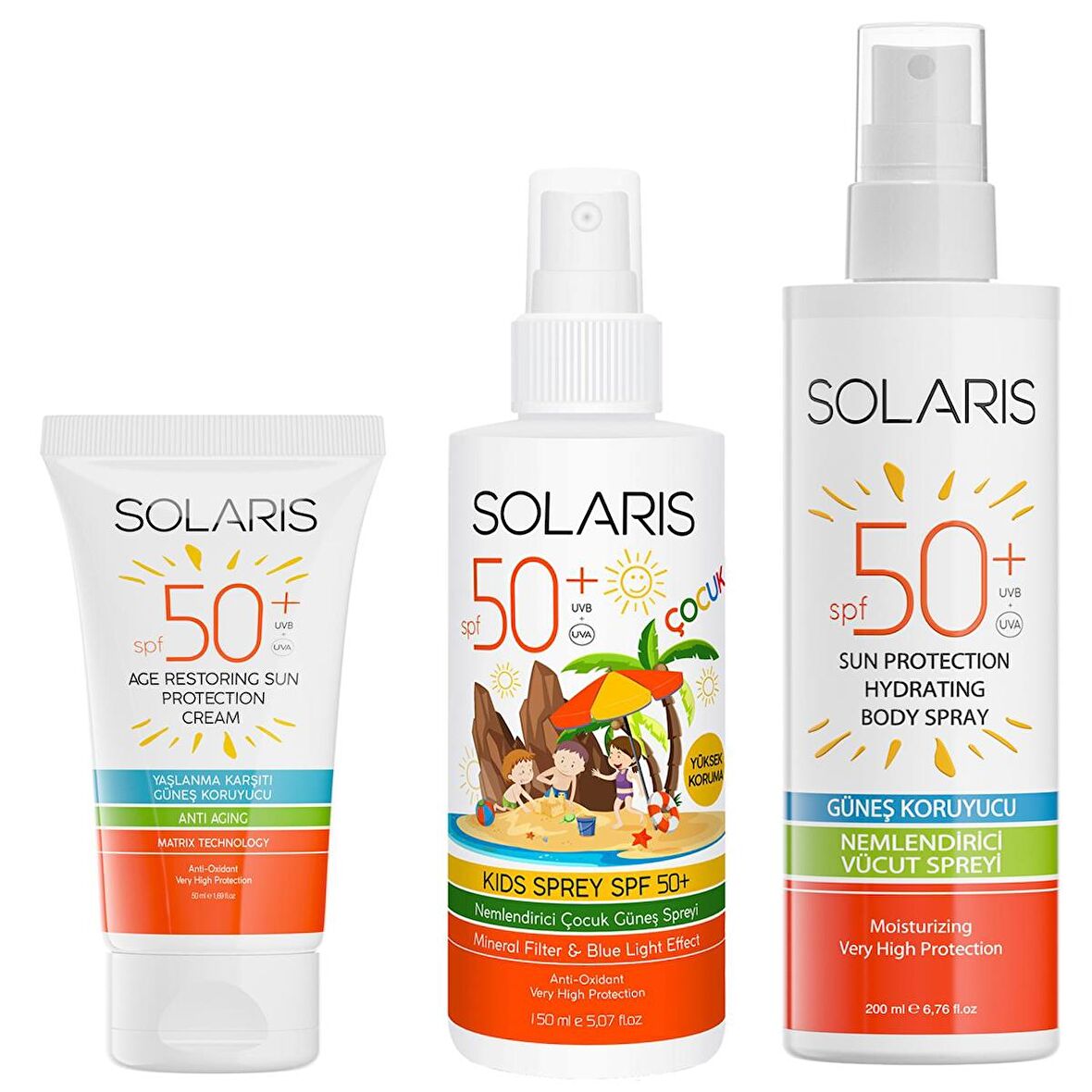 Solaris Güneş Kremi Yaşlanma Karşıtı Spf 50+ Ve Çocuk Güneş Kremi Sprey Spf 50+ Ve Güneş Koruyucu Krem Sprey 200 ml