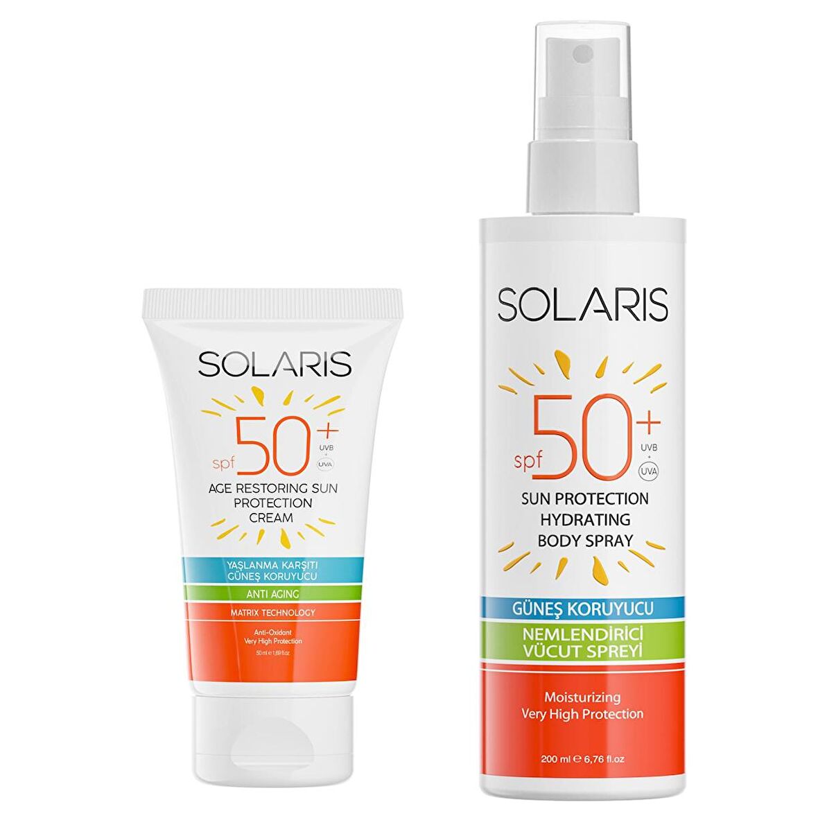 Solaris Tüm Cilt Tipleri İçin Yaşlanma Karşıtı Güneş Kremi SPF 50+ (50 ml) Ve Yüksek Koruyucu Sprey SPF 50+ 200 ml