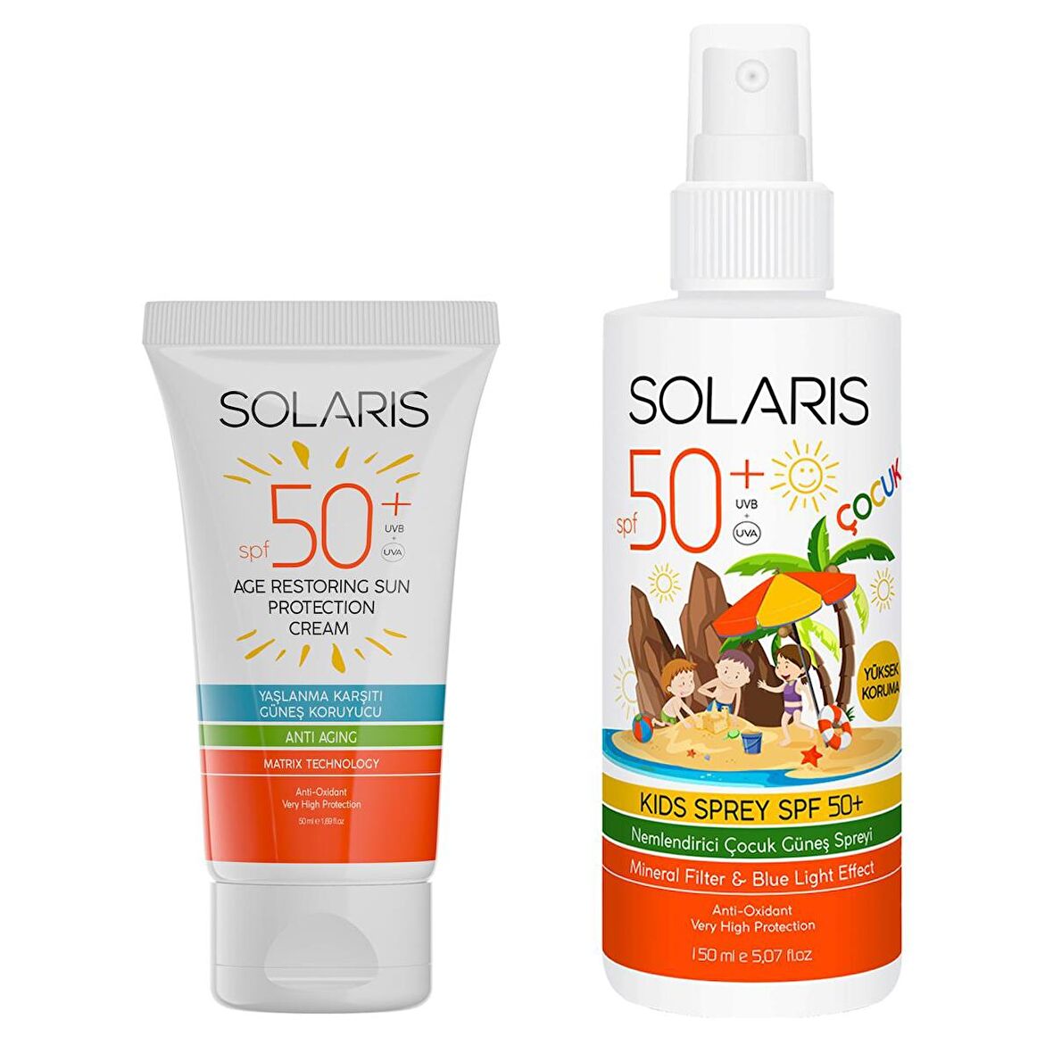 Solaris Tüm Ciltler İçin Yaşlanma Karşıtı Güneş Kremi SPF 50+ (50 ml) Ve Çocuk Güneş Kremi Sprey SPF 50+ 150 ml