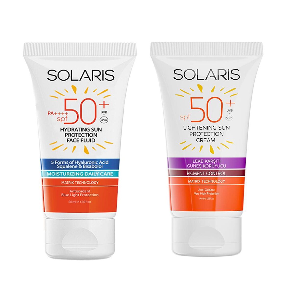 Solaris Tüm Cilt Tipleri İçin Güneş Kremi SPF 50+ (50 ml) ve Leke Karşıtı Güneş Kremi SPF 50+ (50 ml)