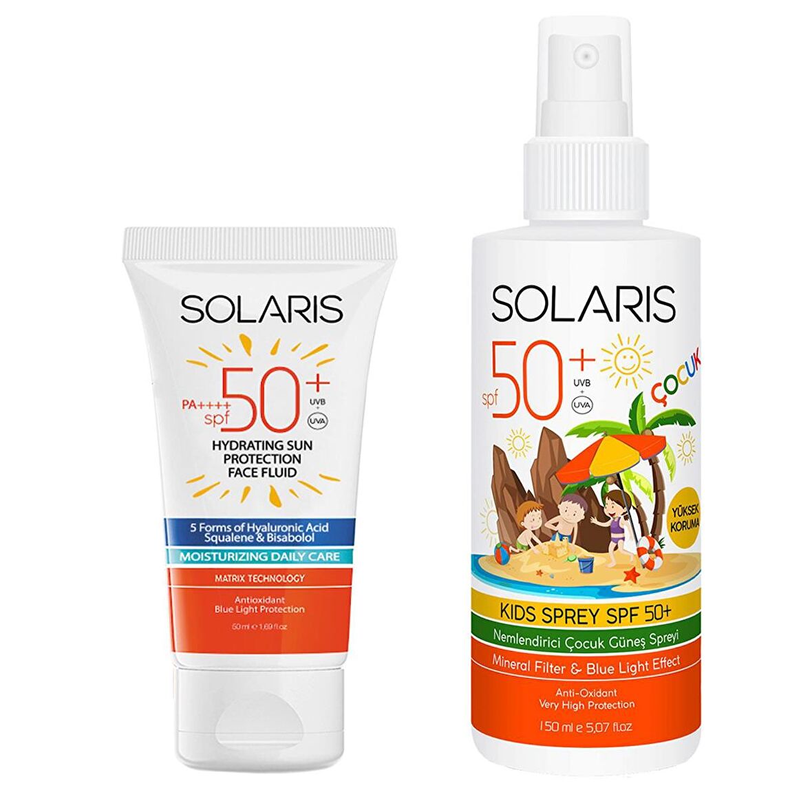 Solaris Tüm Cilt Tipleri İçin Güneş Kremi SPF 50+ (50 ml) ve Çocuk Güneş Kremi Sprey SPF 50+ (150 ml)