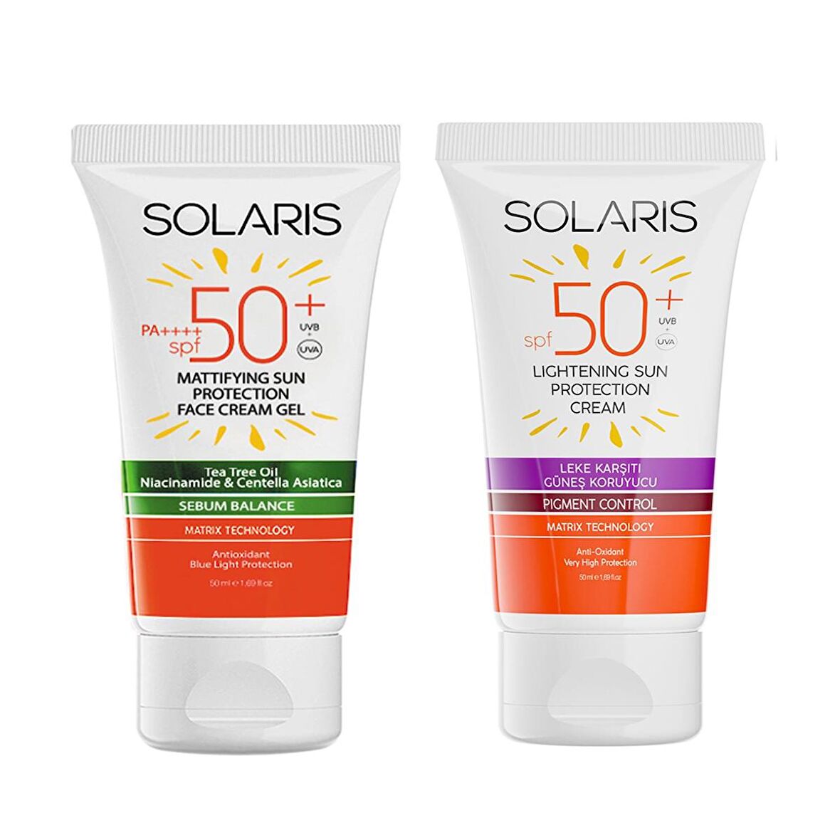 Solaris Yağlı Cilt Tipleri İçin Jel Güneş Kremi (Mat) SPF 50+ (50 ml) ve Leke Karşıtı Güneş Kremi SPF 50+