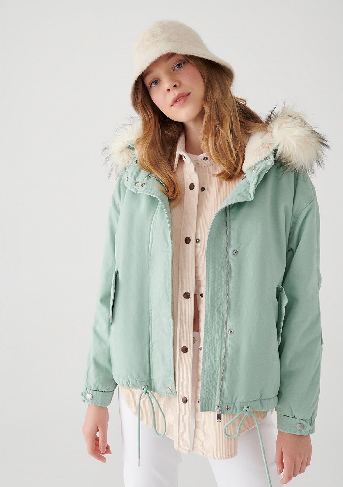 Mavi Bej Peluş Bucket Şapka 198988-34610