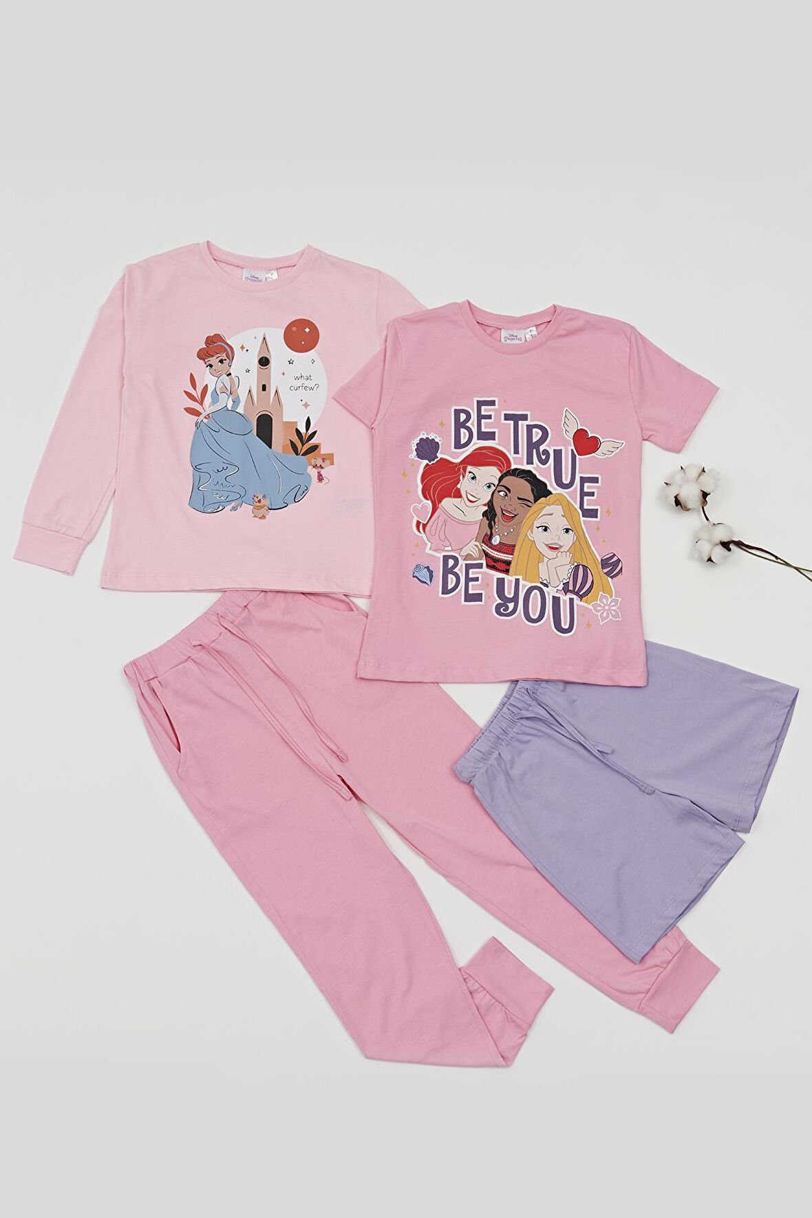 4'lü Disney Princess Baskılı Tshirt Şort Pantolon Takım