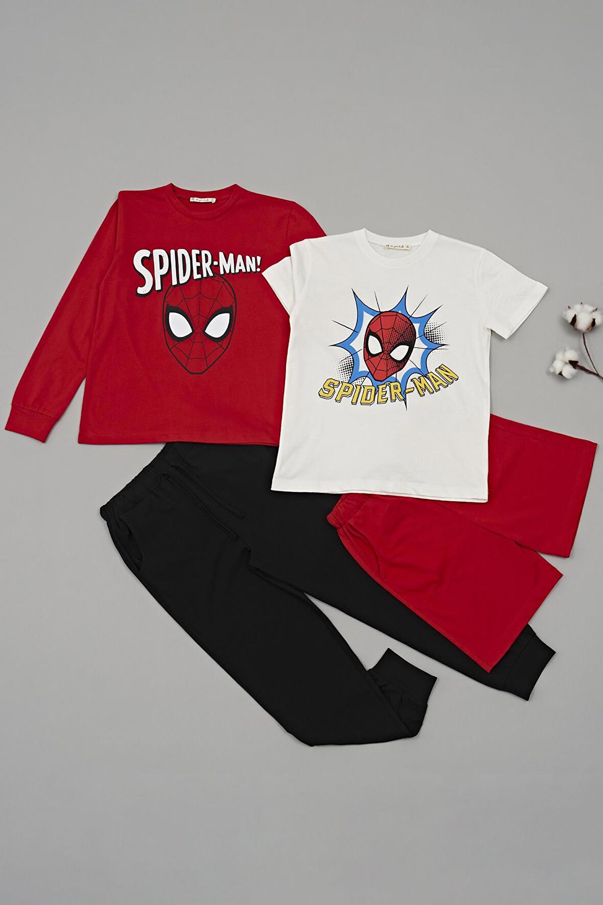 4'lü SPİDER-MAN Baskılı Tshirt Şort Pantolon Kırmızı Takım