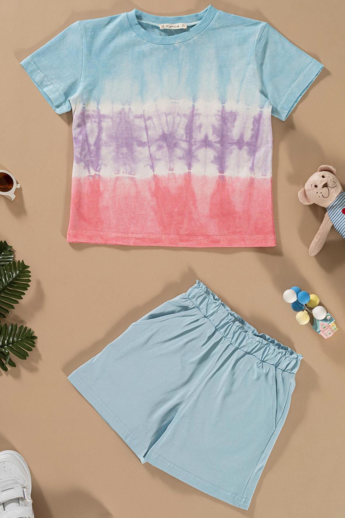 Batik Yıkamalı Mavi Tshirt Şort Takım