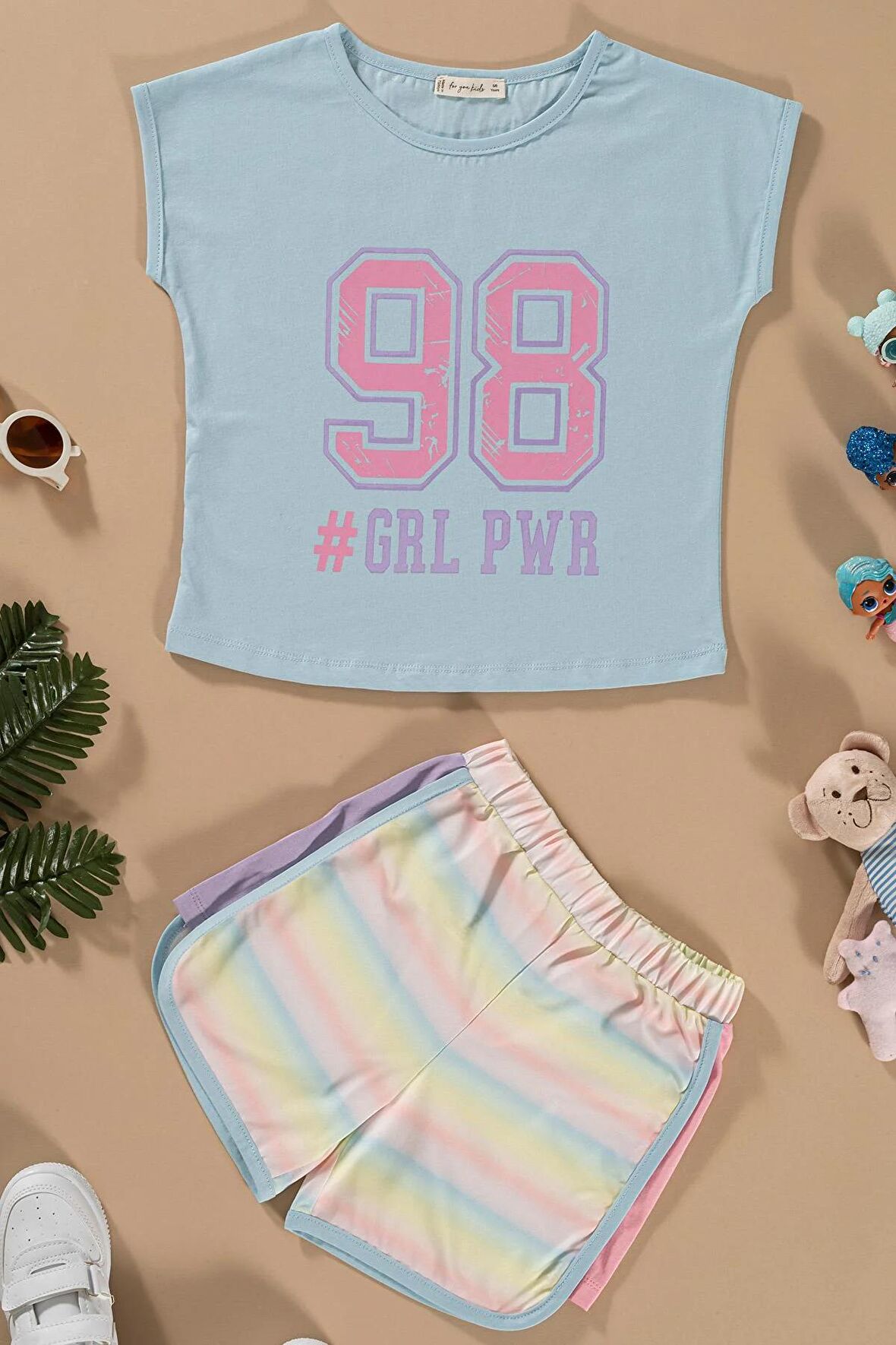 Baskılı Yarasa Kol Garni Detaylı Mavi Alt Üst Takım