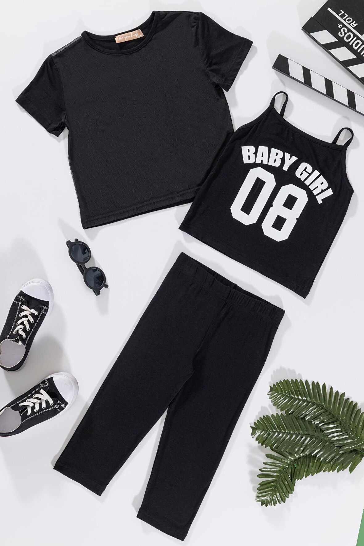 3'lü Baby Girl Baskılı Tshirt Atlet Tayt Siyah Takım