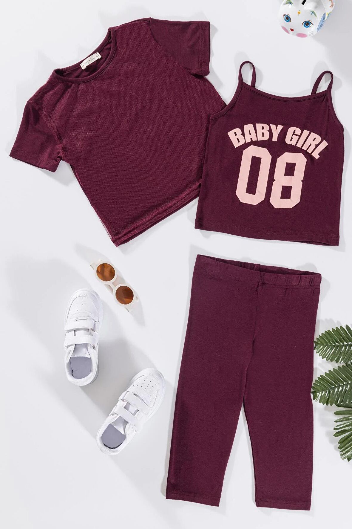 3'lü Baby Girl Baskılı Tshirt Atlet Tayt Bordo Takım