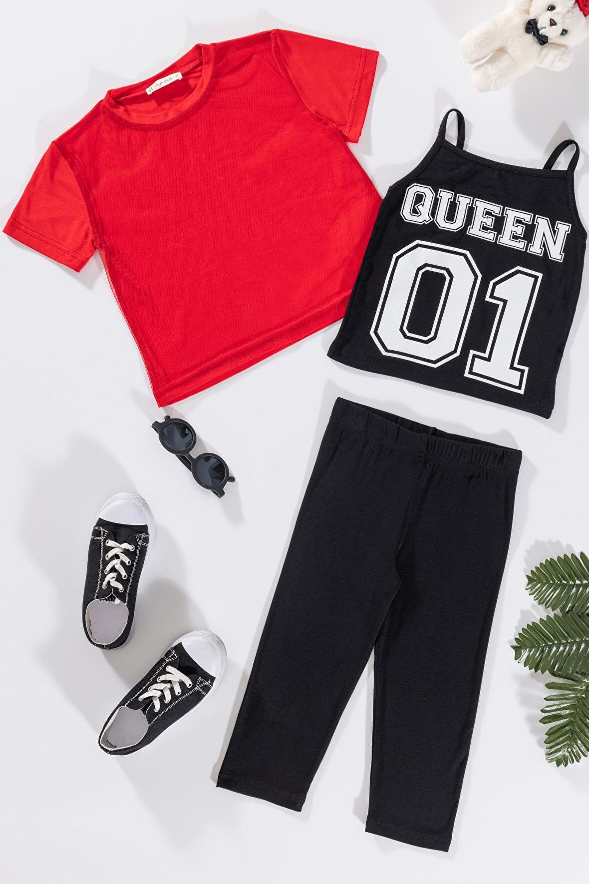 3'lü Queen Baskılı Tshirt Atlet Tayt Siyah Takım