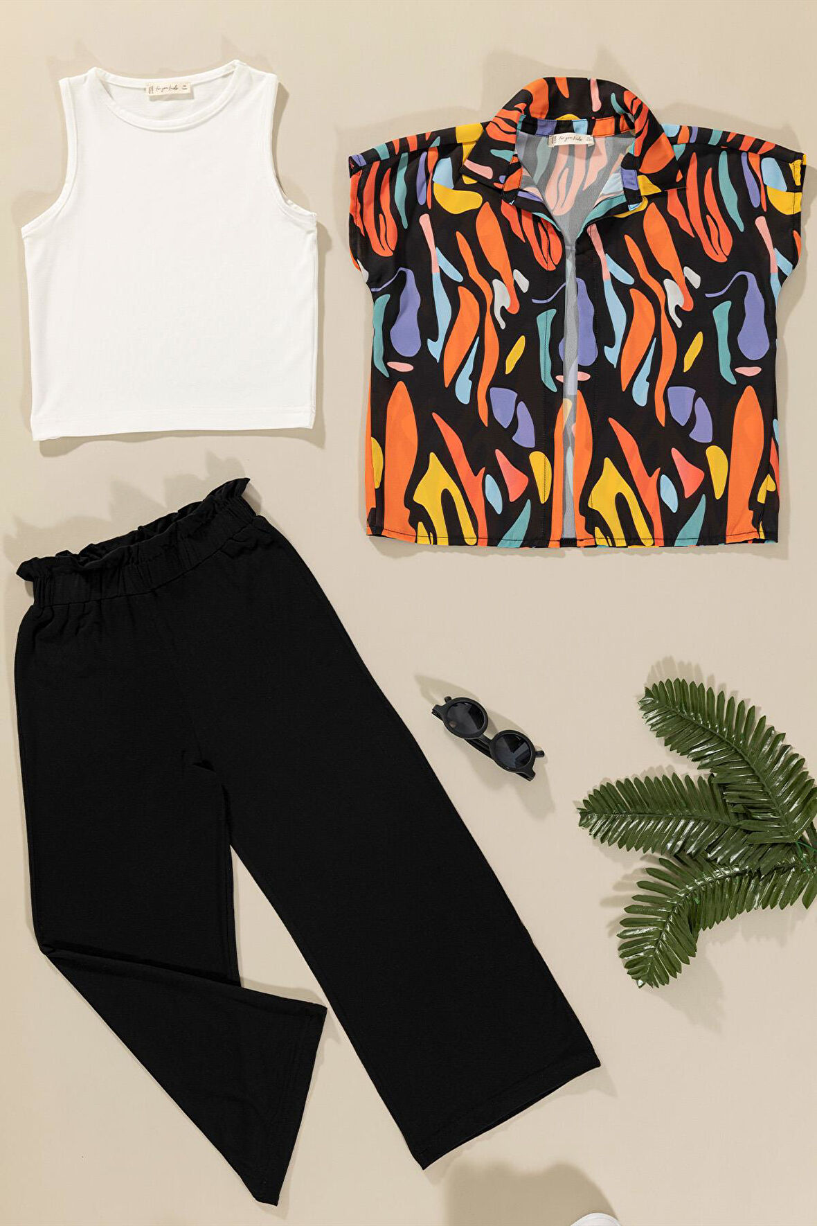 3'lü Baskılı Gömlek Tshirt Pantolon Siyah Takım