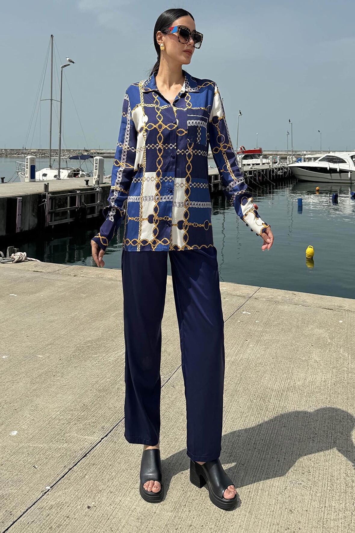 3'lü Saten Zincir Desen Atlet Pantolon Lacivert Takım