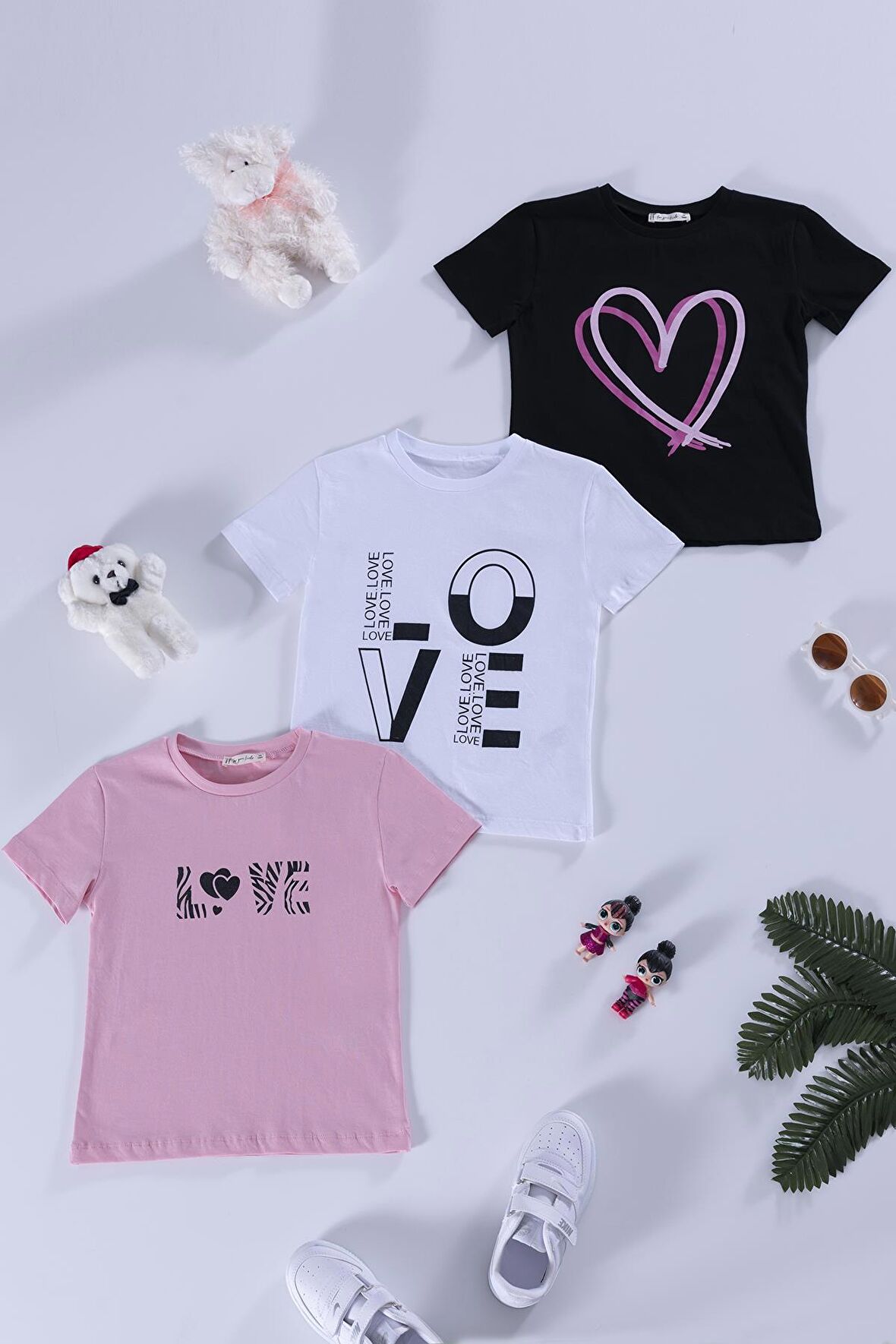 3'lü Love Baskılı Siyah Pembe Beyaz Tshirt