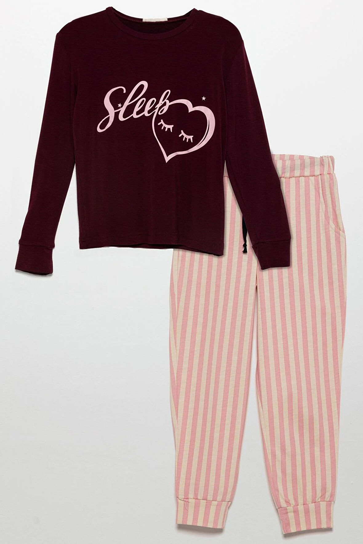 Sleep Kalp Baskılı Doğal Viskon Bordo Pijama Takımı